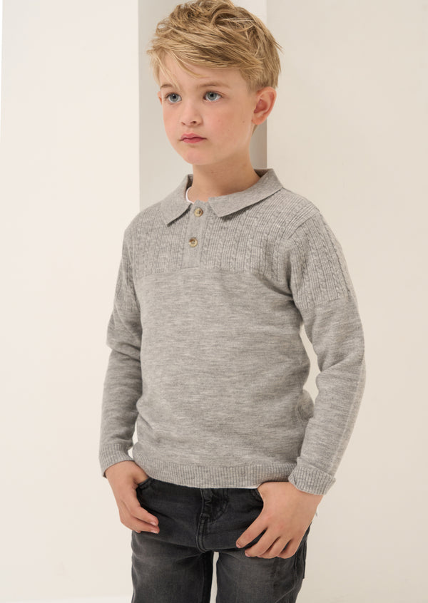 Boys Self Textured Half Cable Knitted Polo Grey Sweater