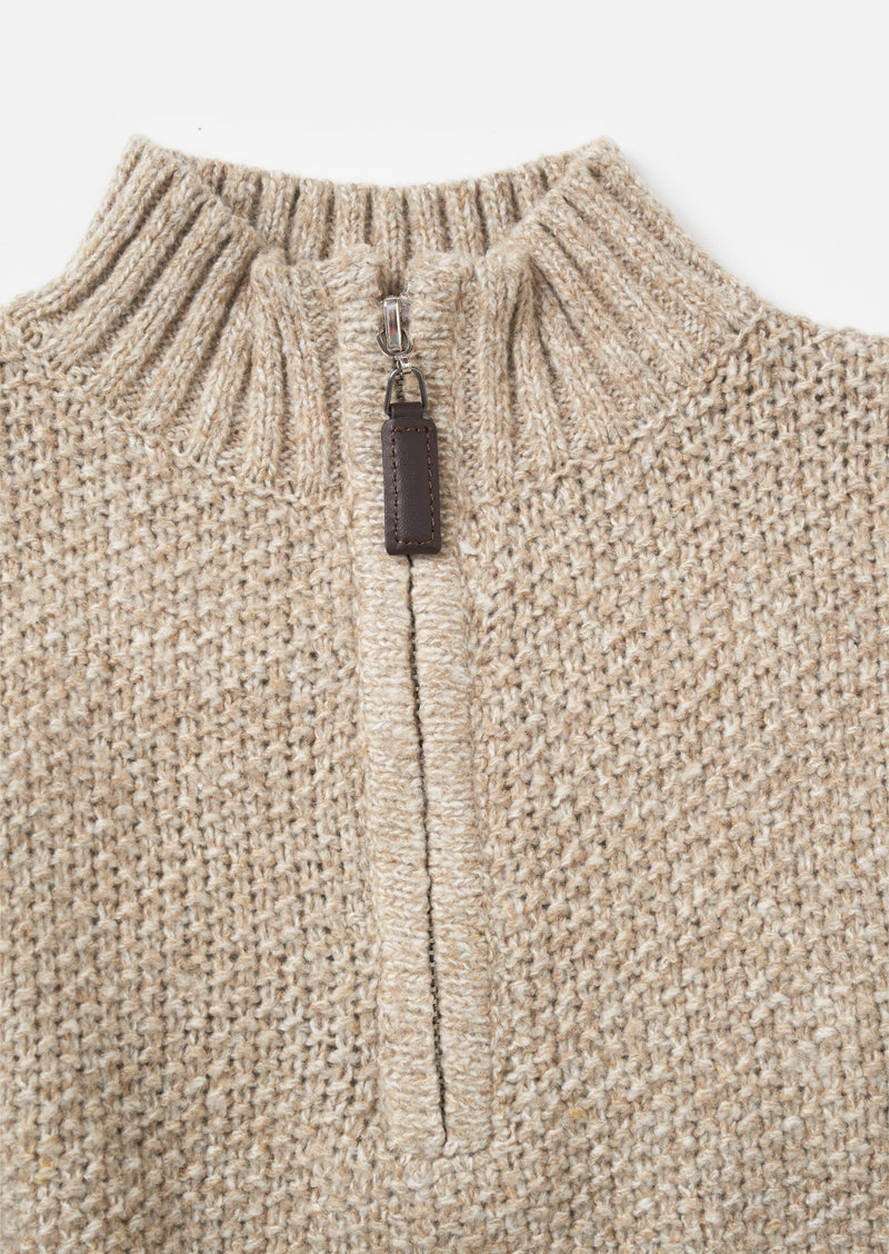 Boys Self Textured Beige Zip Funnel Knit Sweater