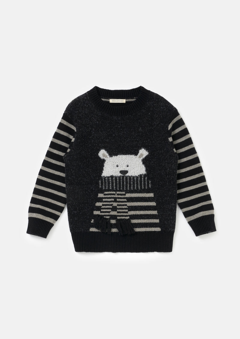 Boys Self Textured Polar Bear Stripe Black Sweaters