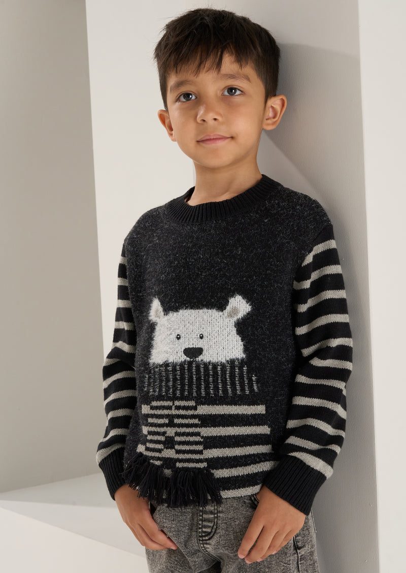 Boys Self Textured Polar Bear Stripe Black Sweaters