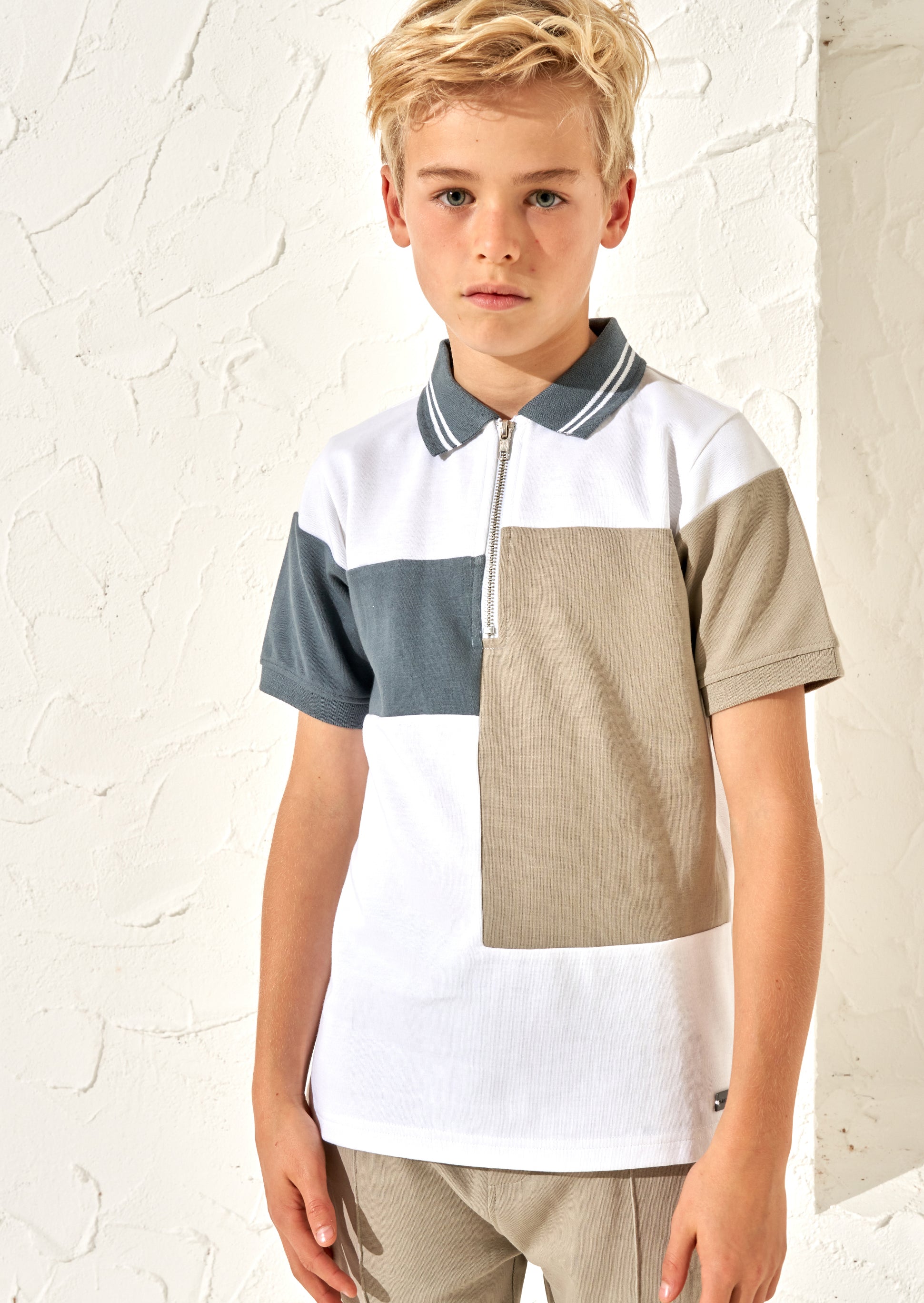 Boys Textured Block Polo Collar Cotton White T-shirt