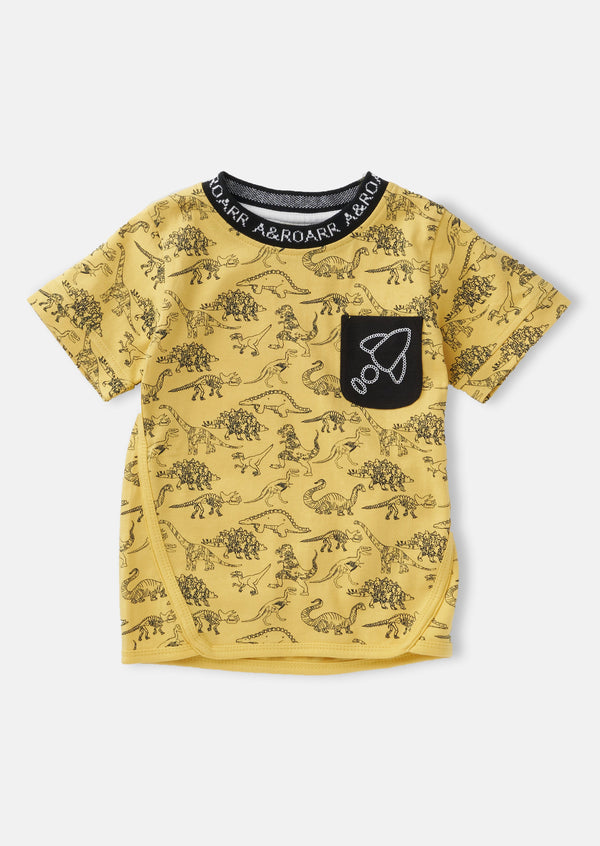 Boys Dinosaur Printed Yellow T-Shirt with Pocket