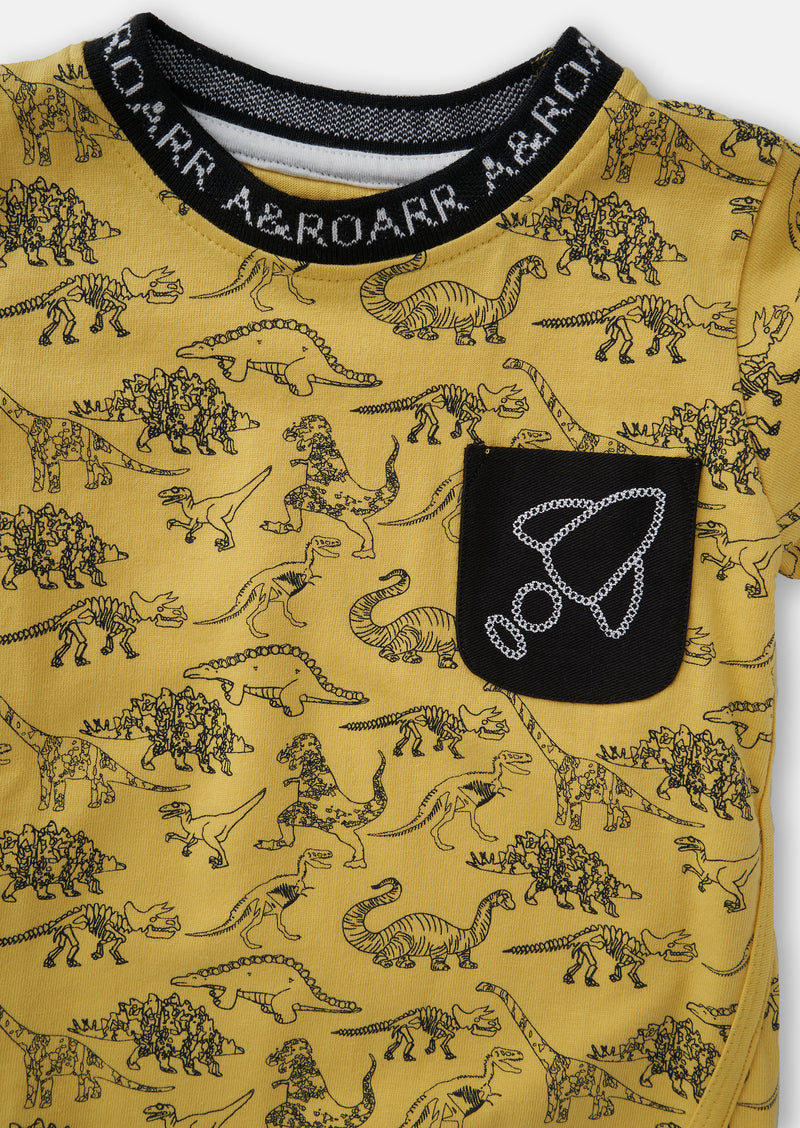 Boys Dinosaur Printed Yellow T-Shirt with Pocket