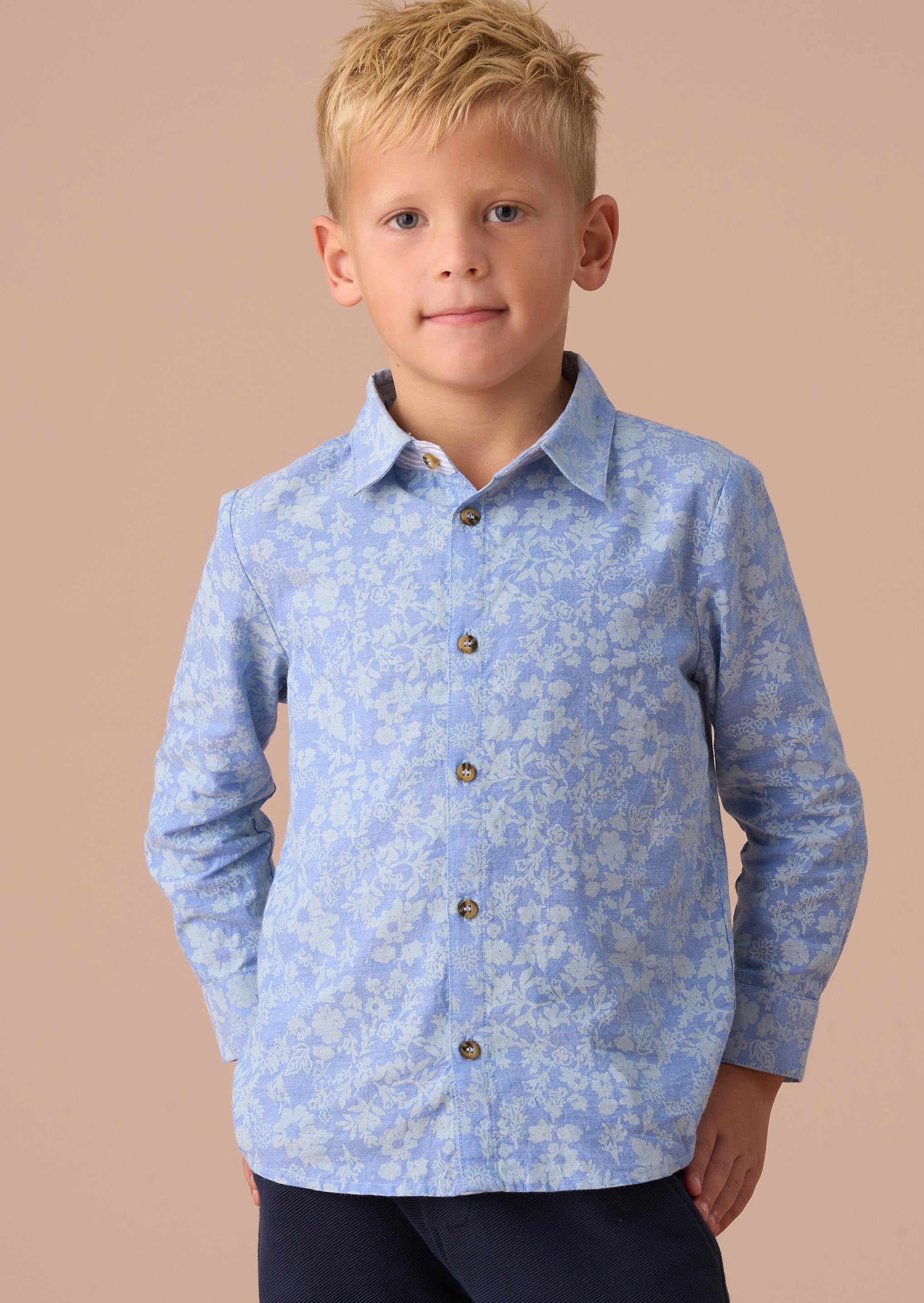 boy Blue Chambray Floral Printed Shirt