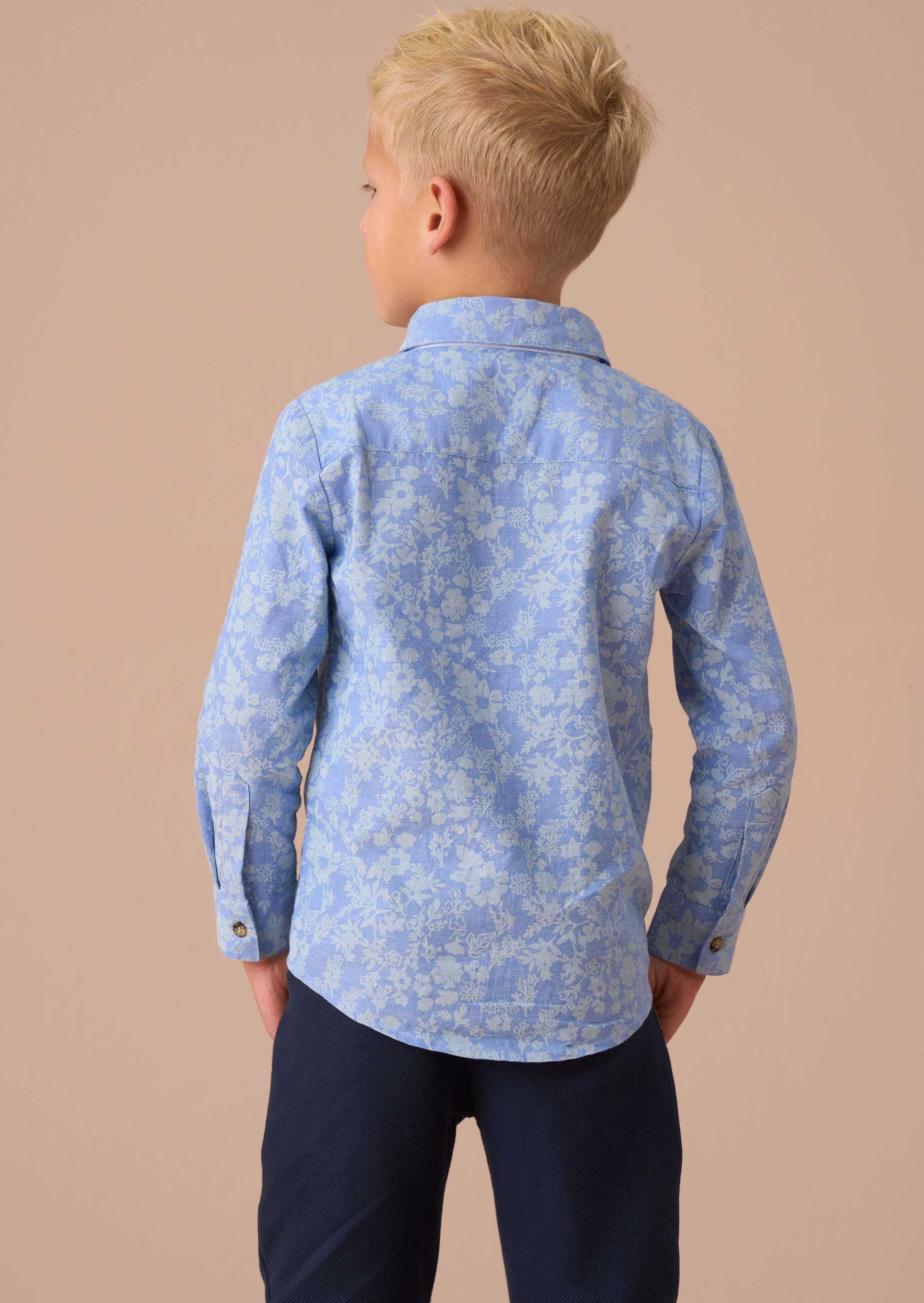 kids boy blue chambray floral printed shirt