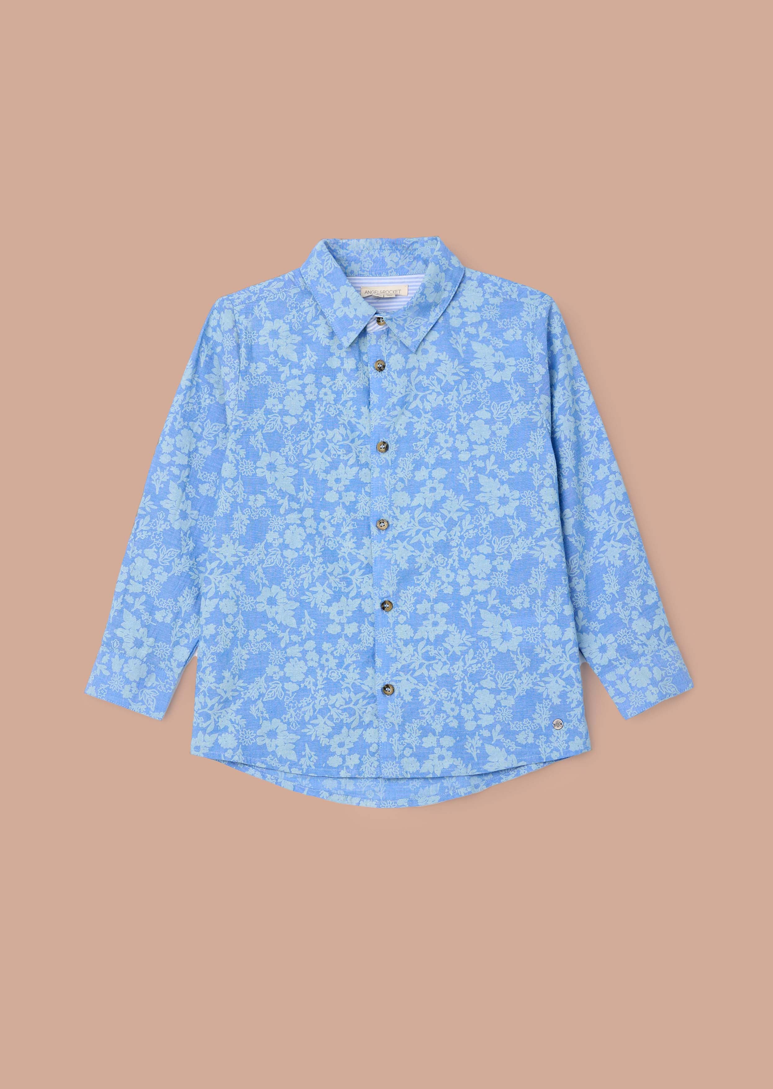 cotton Blue Chambray Floral Printed Shirt