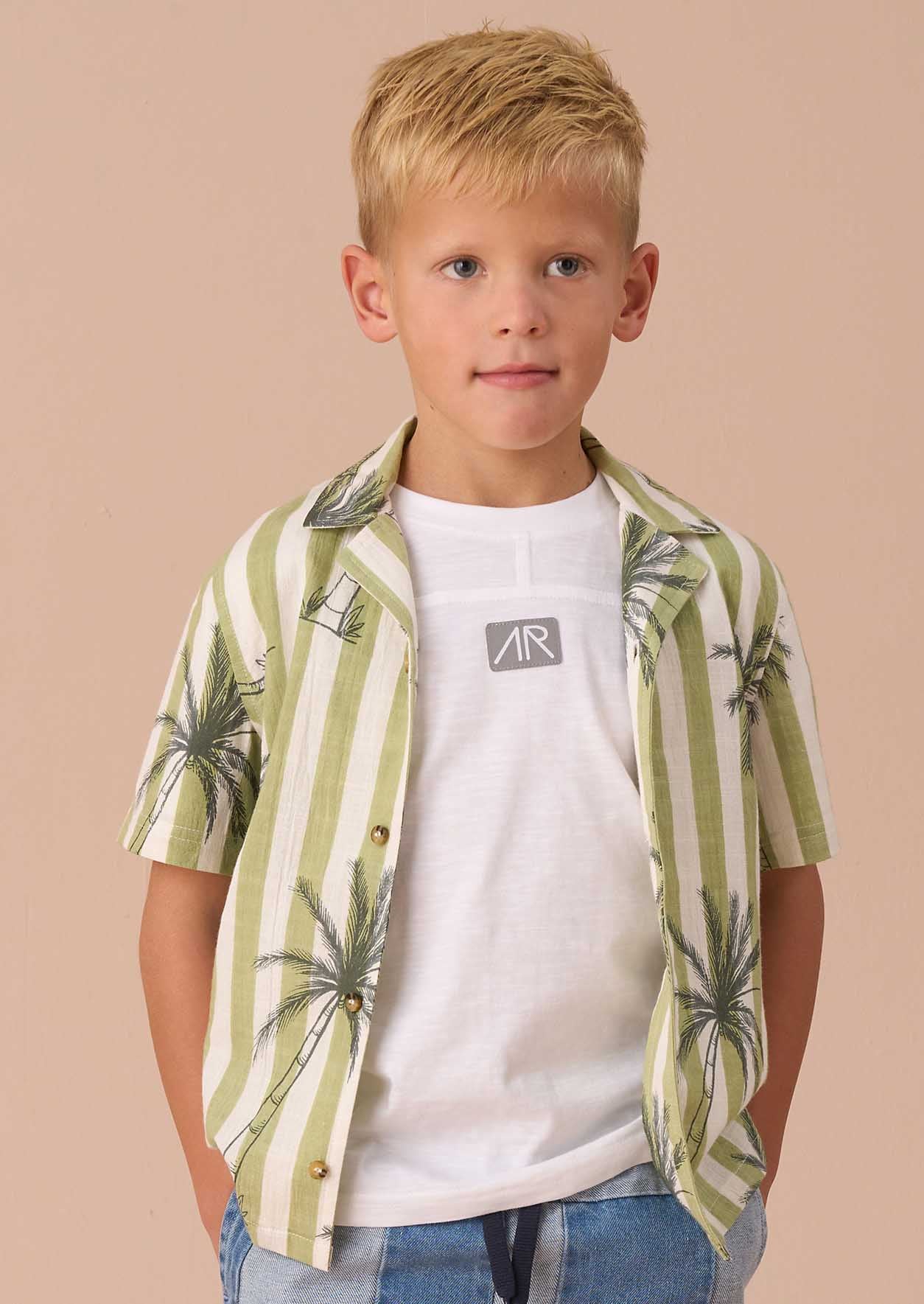 boy Green Palm Print Resort Shirt