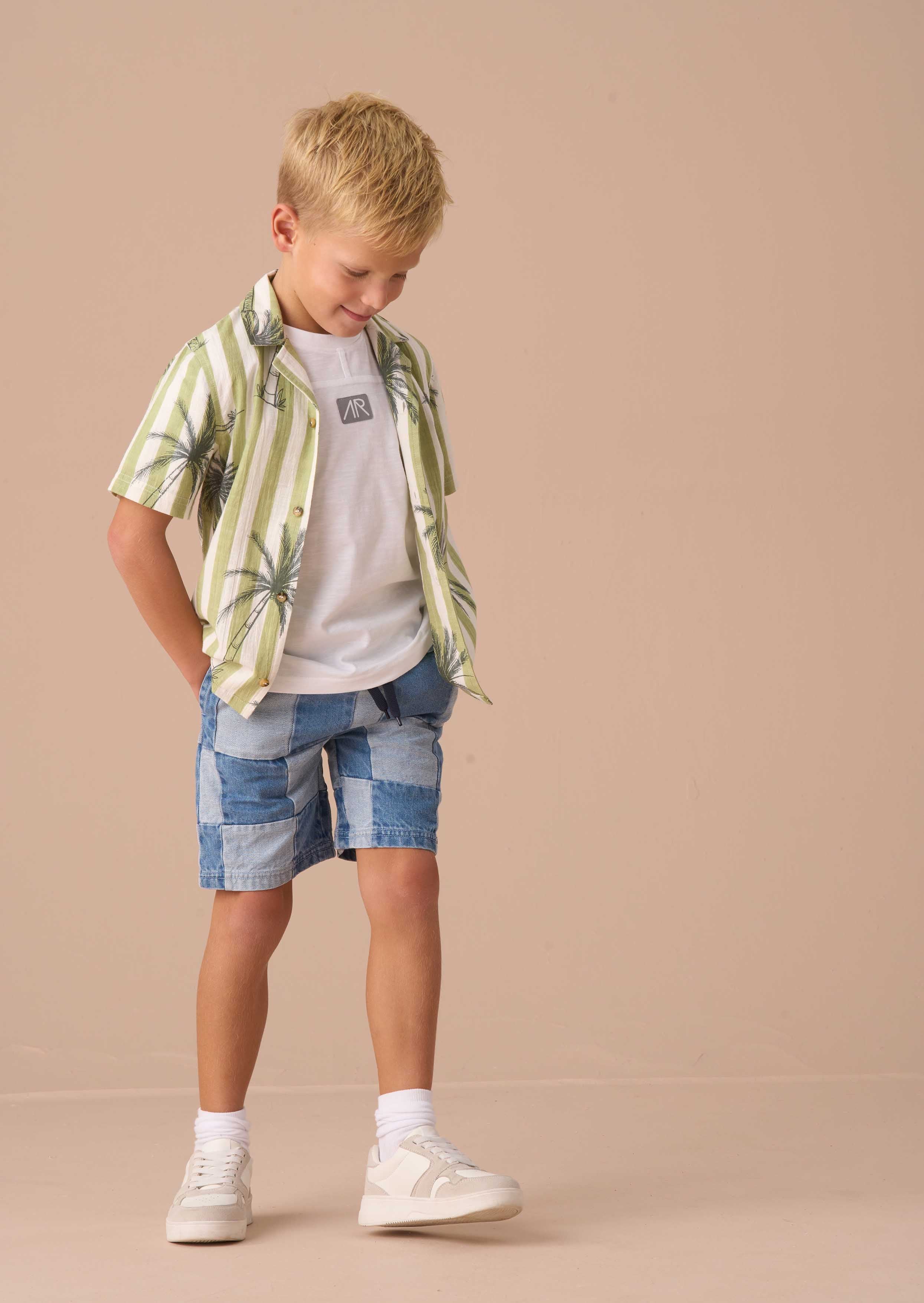 kids boy green palm print resort shirt