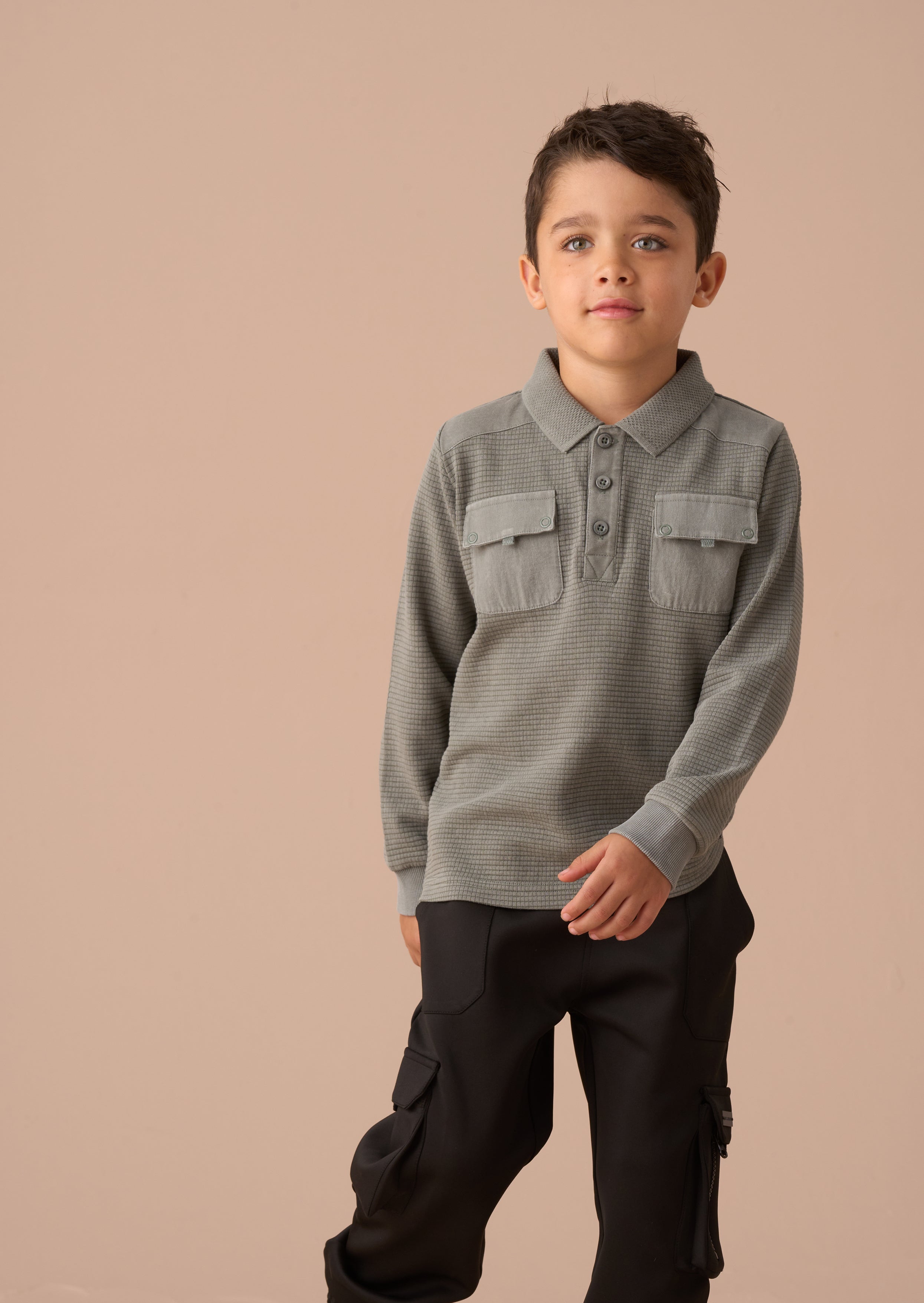 Finn Green Textured Long Sleeve Polo