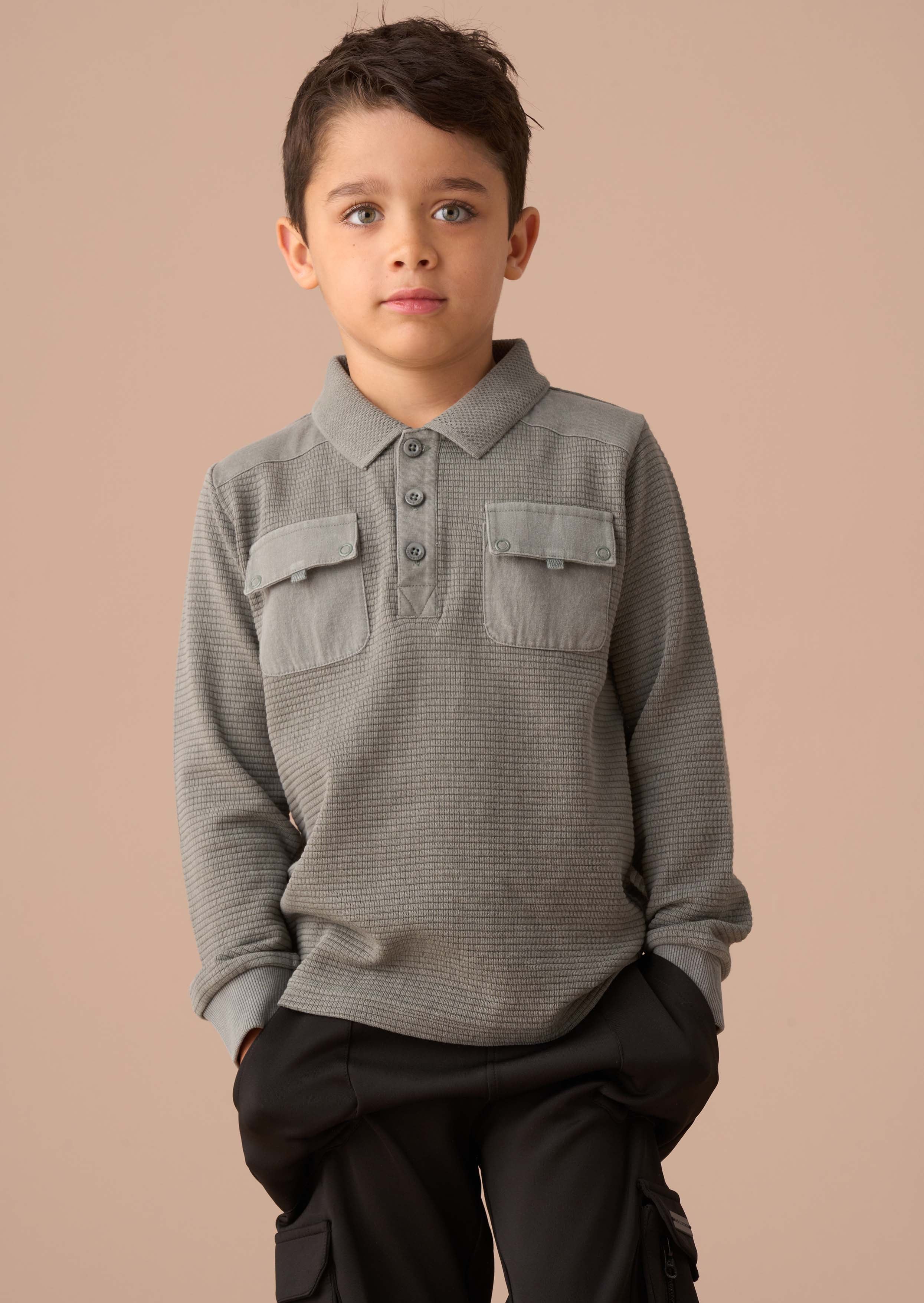 boy green textured long sleeve polo