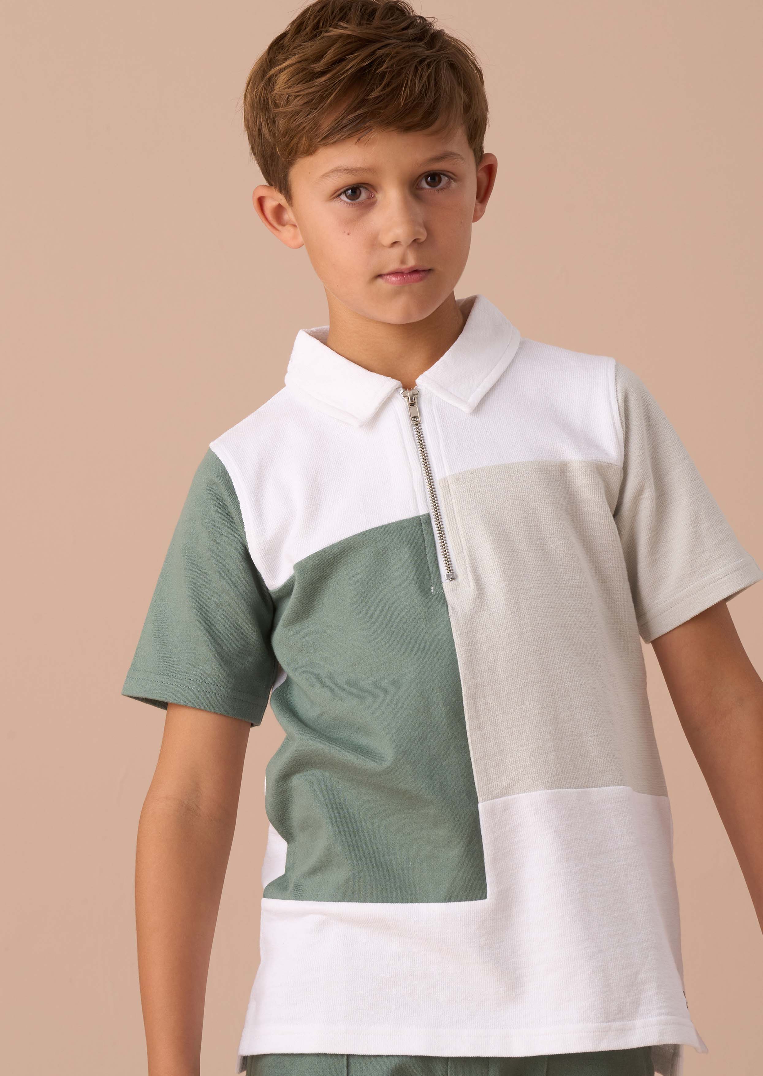 boy white textured colour block polo