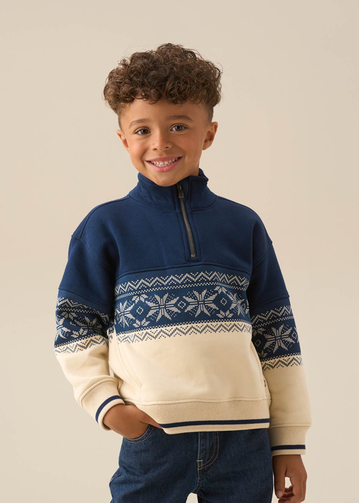 Ayden Zip Neck Fairisle Sweat - Stone