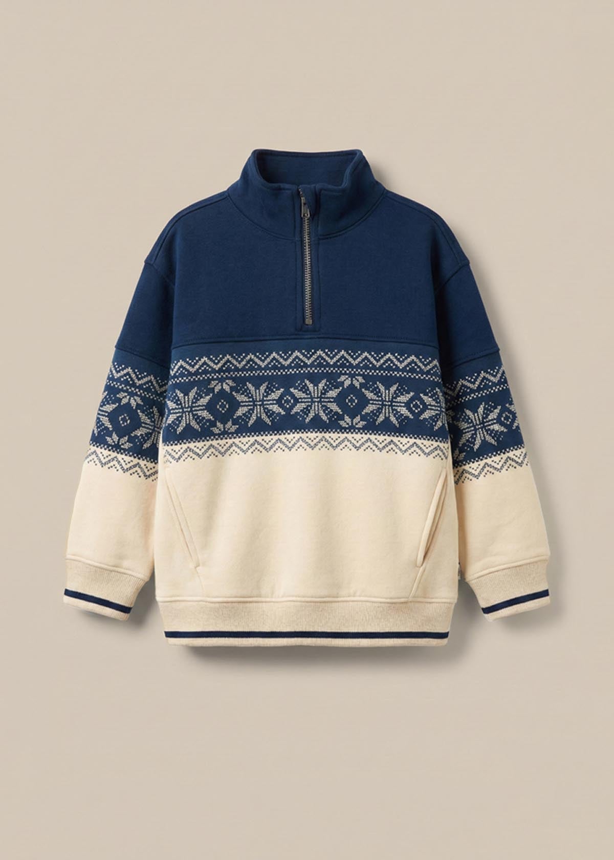 Ayden Zip Neck Fairisle Sweat - Stone