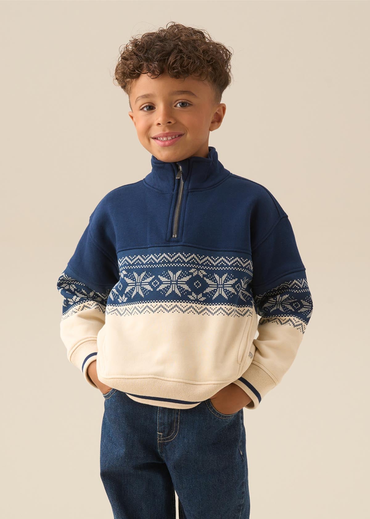 Ayden Zip Neck Fairisle Sweat - Stone