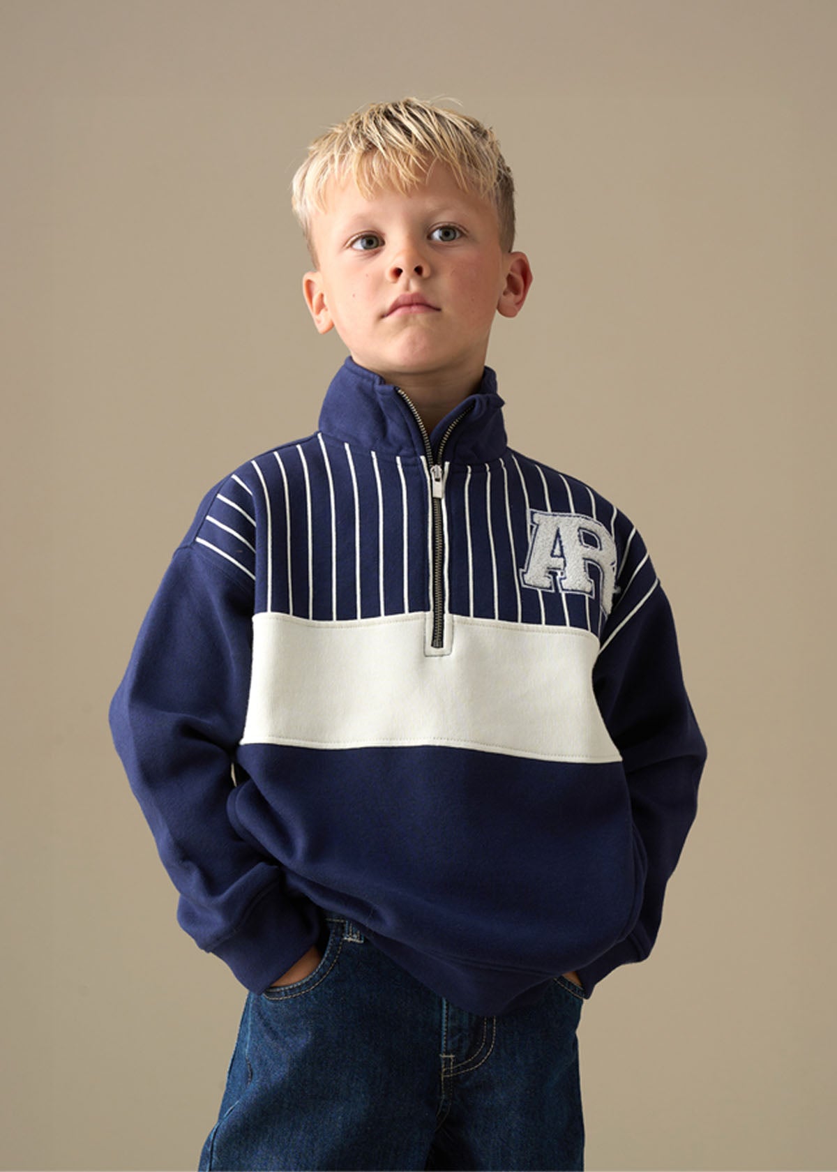 Griffin Zip Neck Cut And Sew Sweatshirt - Navy