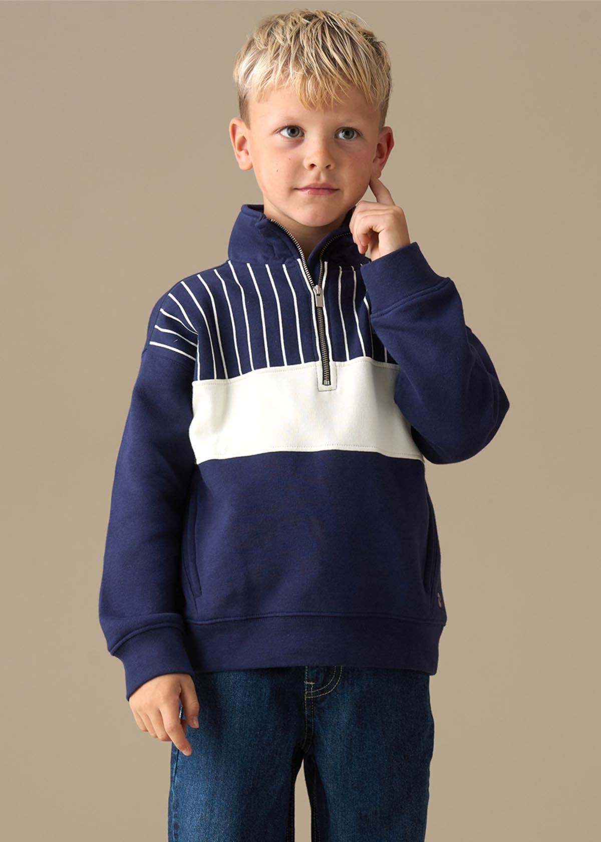 Griffin Zip Neck Cut And Sew Sweatshirt - Navy