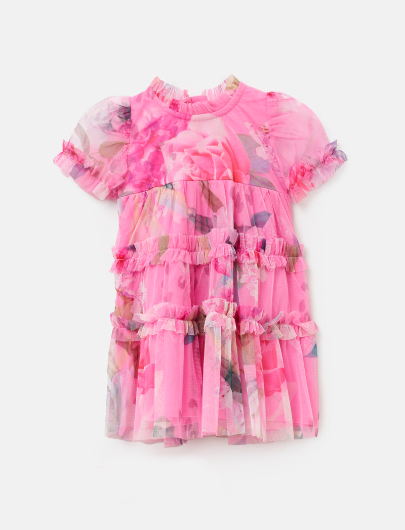 Baby Girl Pink Floral Printed Premium Mesh Dress