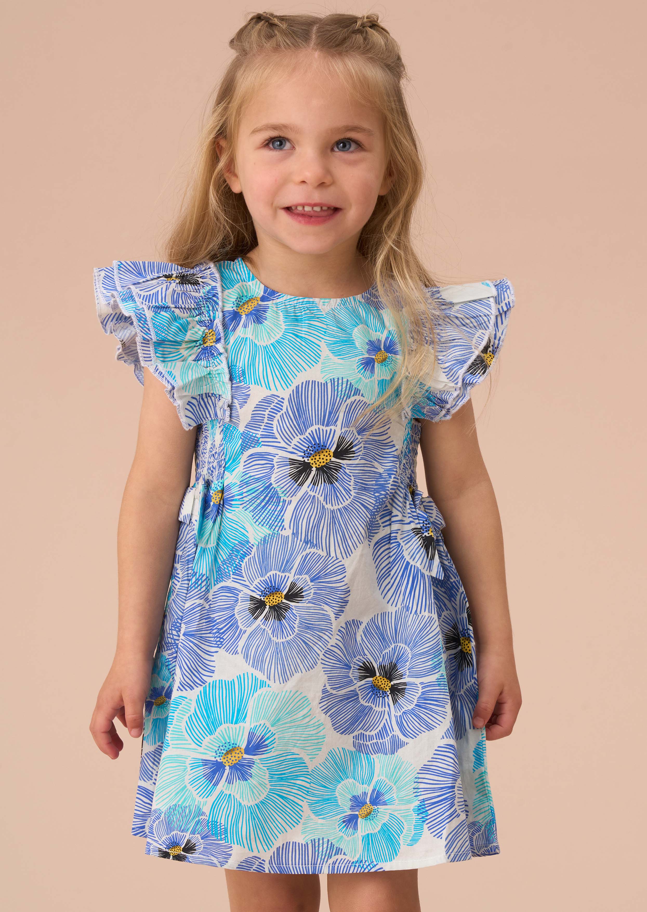 girls Blue Pansy Print Tie Side Dress And Bloomer