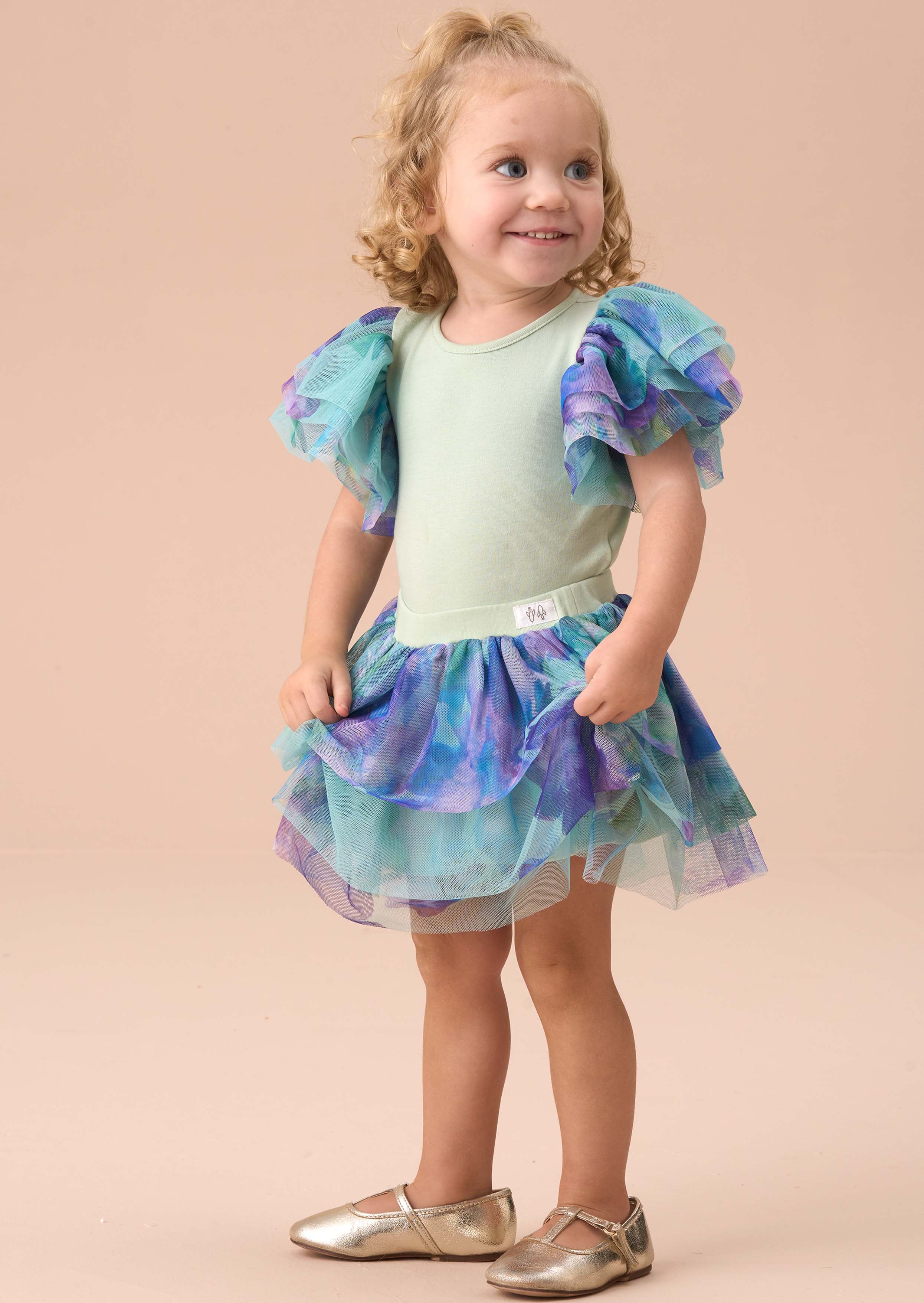 baby girl green Floral Tutu And Frill Sleeve Bodysuit Set