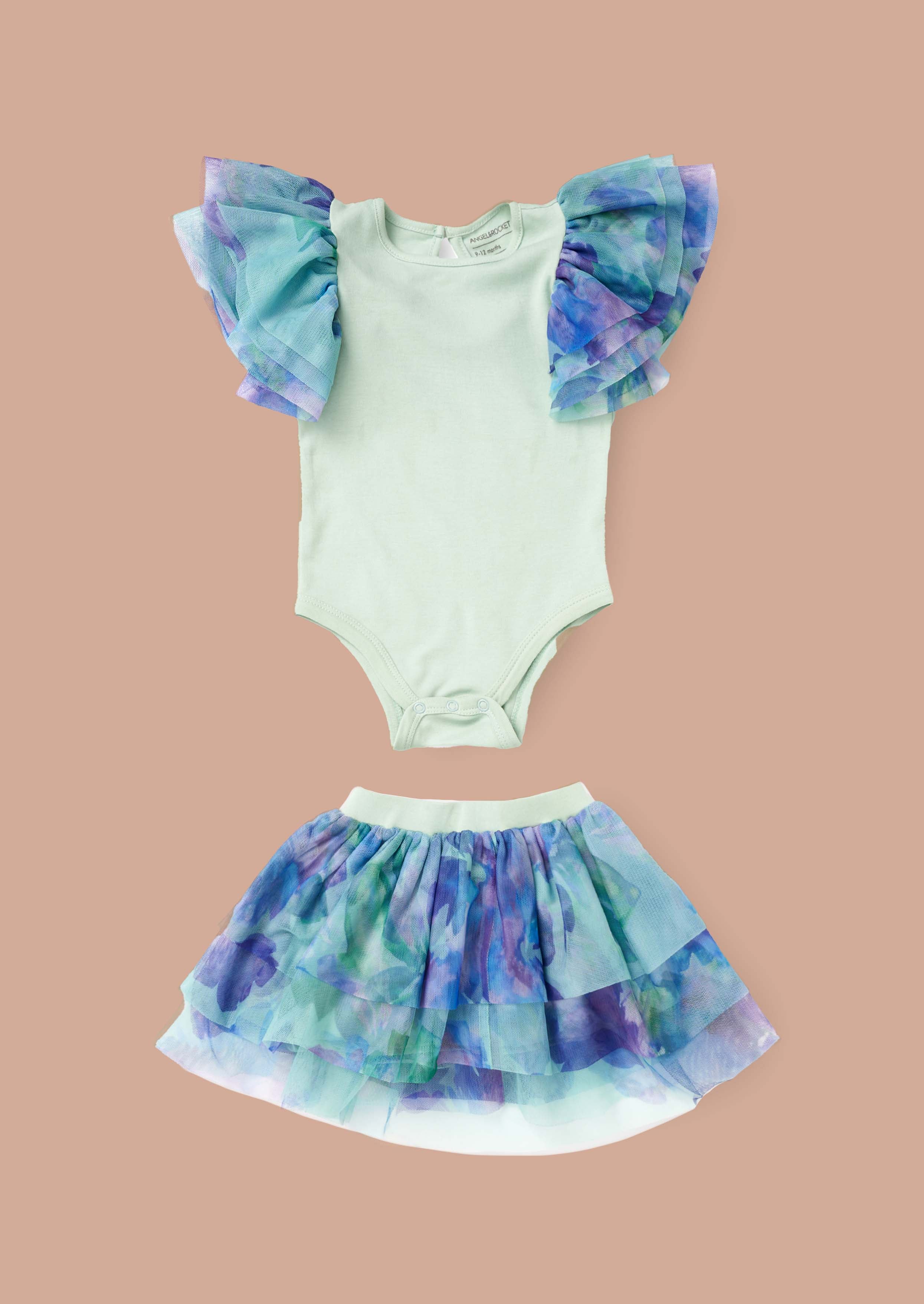 buy baby girl green Floral Tutu And Frill Sleeve Bodysuit Set