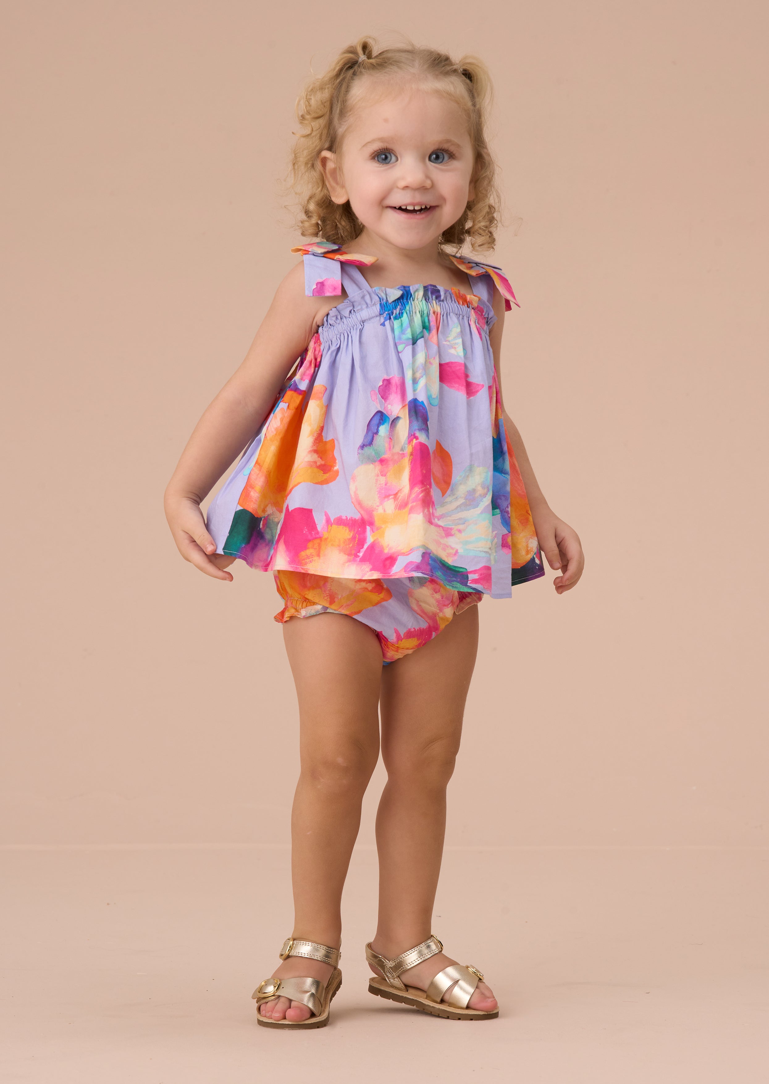 Minnie Multi Floral Print Bow Shoulder Tunic And Bloomer