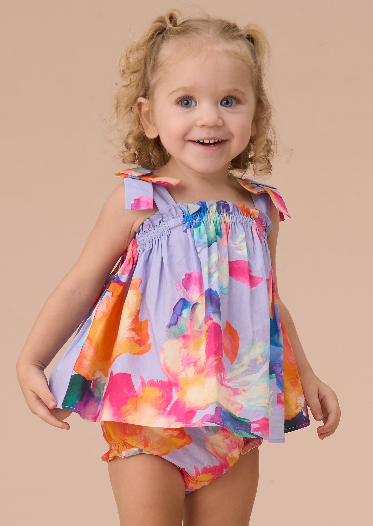 Minnie Multi Floral Print Bow Shoulder Tunic And Bloomer