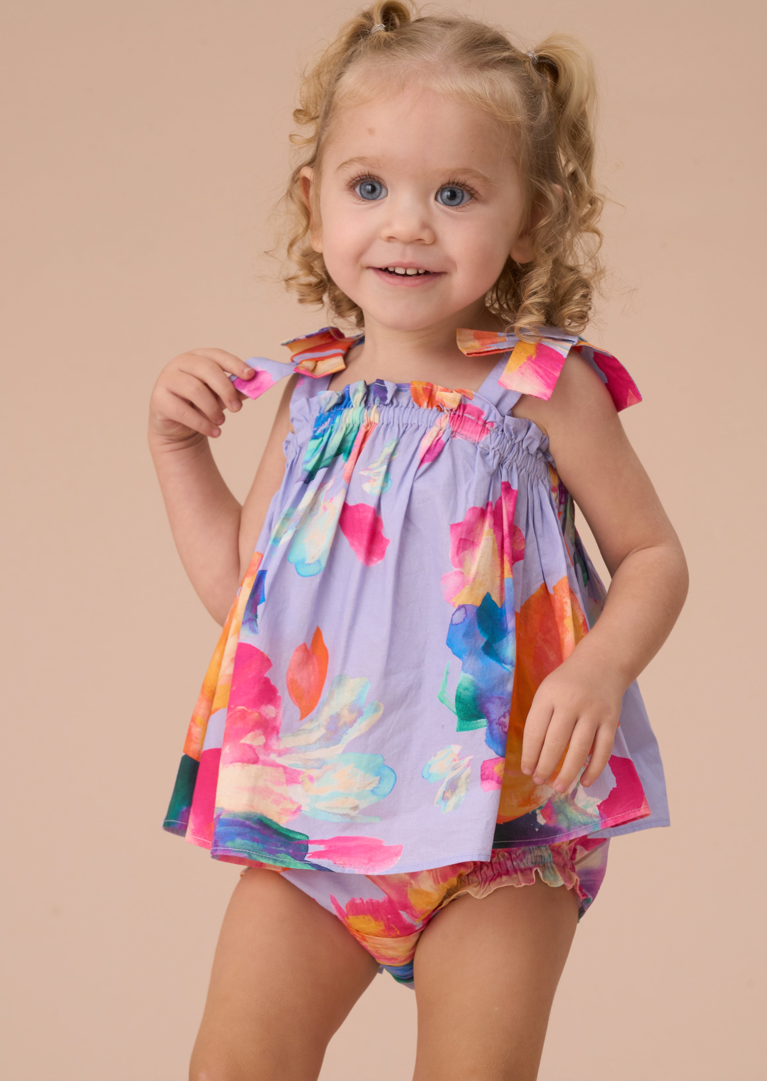 Minnie Multi Floral Print Bow Shoulder Tunic And Bloomer