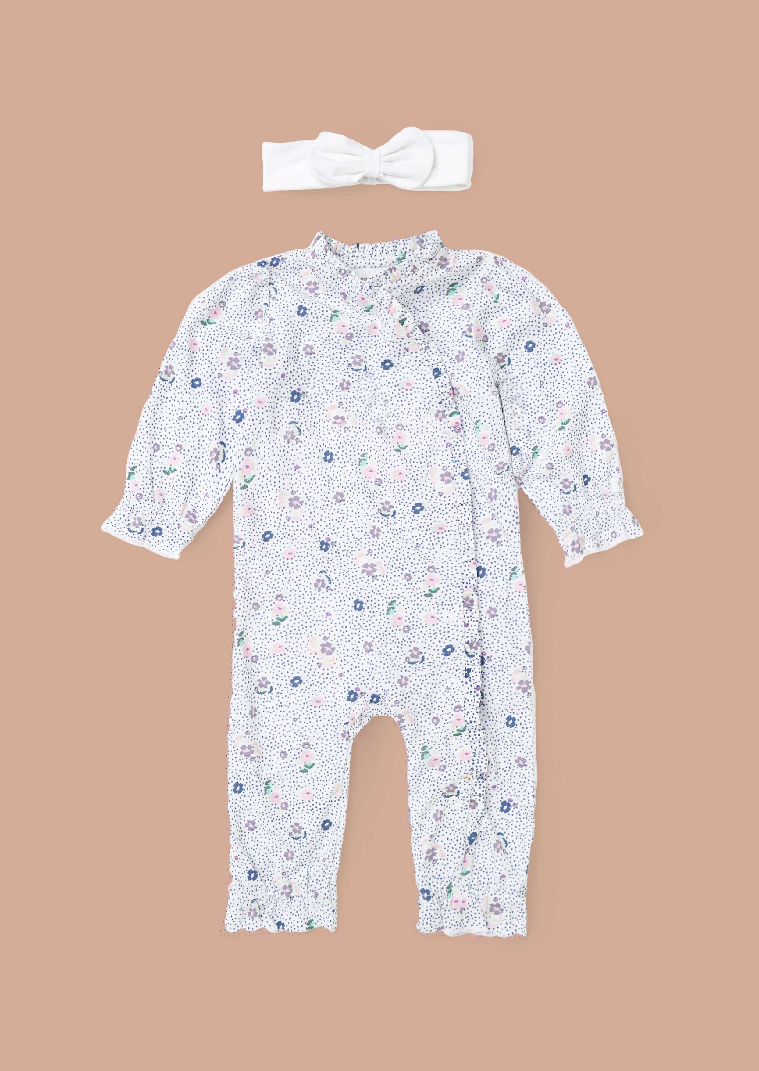 buy new born Blue Spot Floral Print Babygrow & Headband