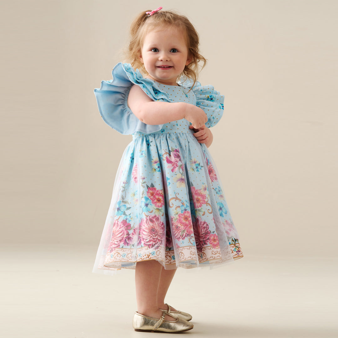 Izzy Printed Tulle Ruffle Sleeve Dress