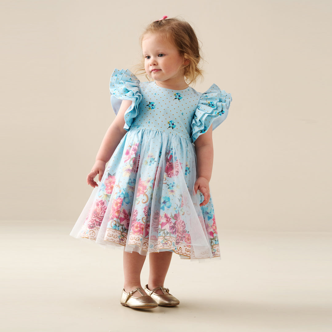 Izzy Printed Tulle Ruffle Sleeve Dress