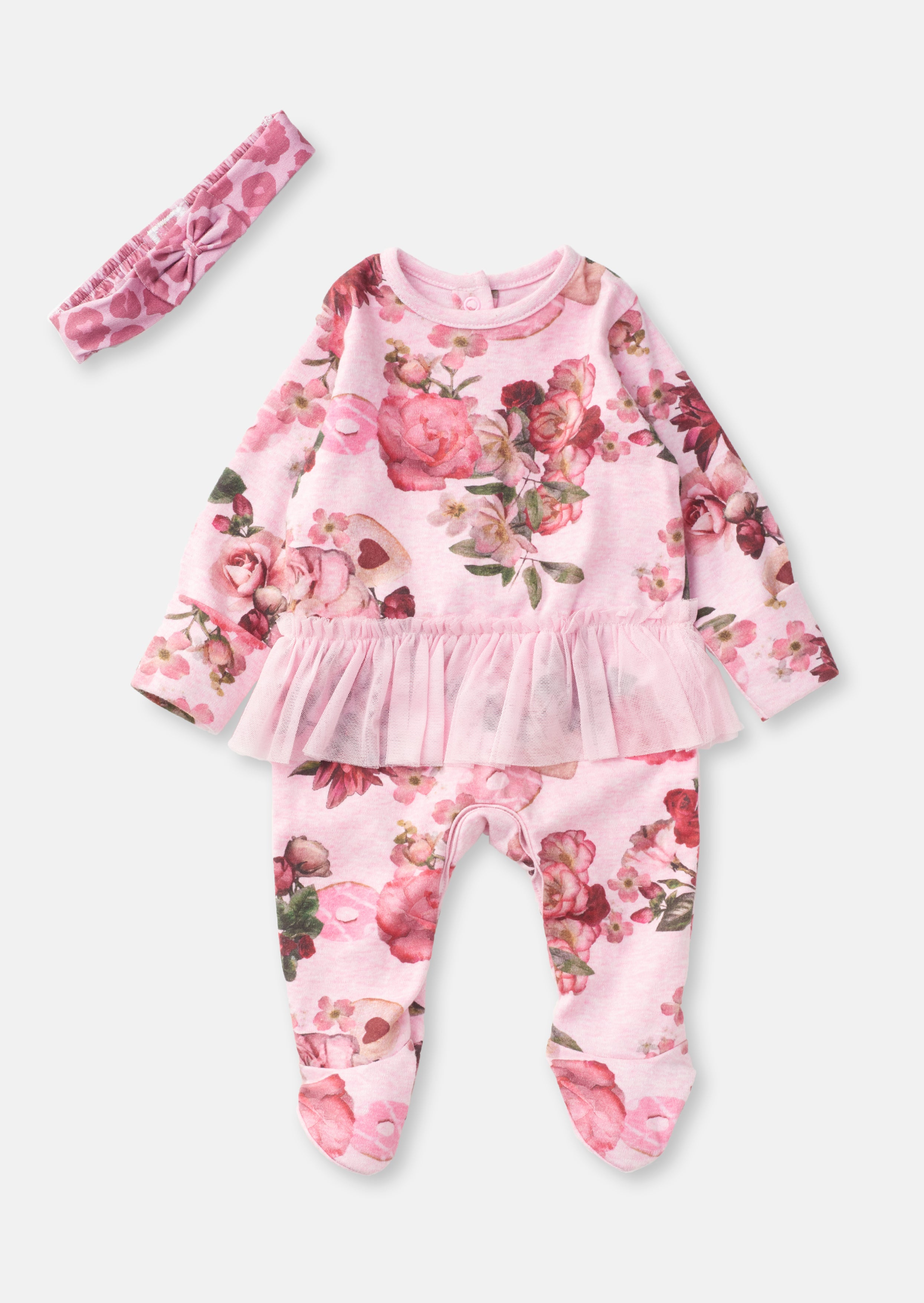 Baby Girl Animal and Floral Printed All in One Pink Sleepsuit
