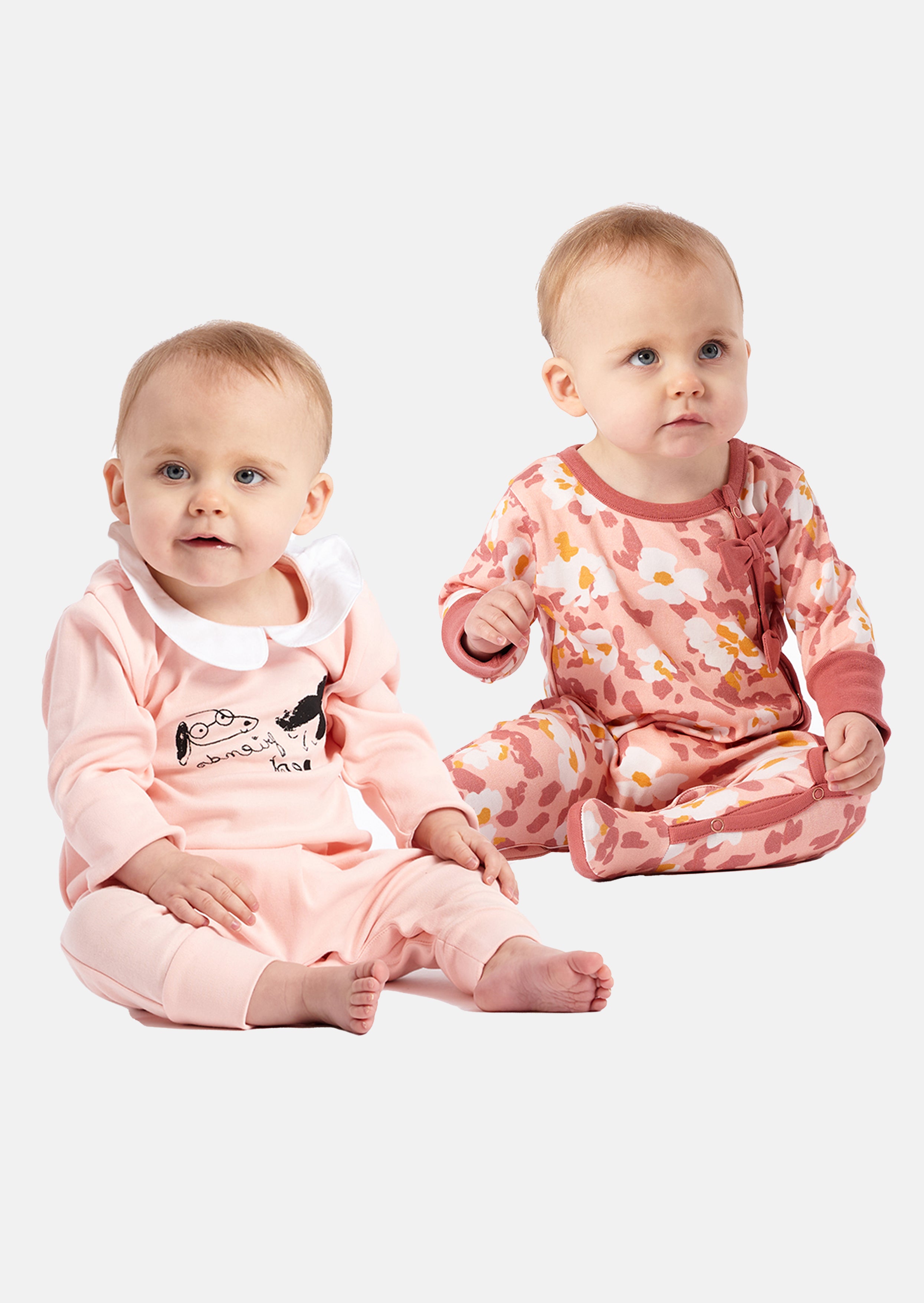 Baby Girl Printed All in One Pink Sleepsuit 2 Pcs Pack