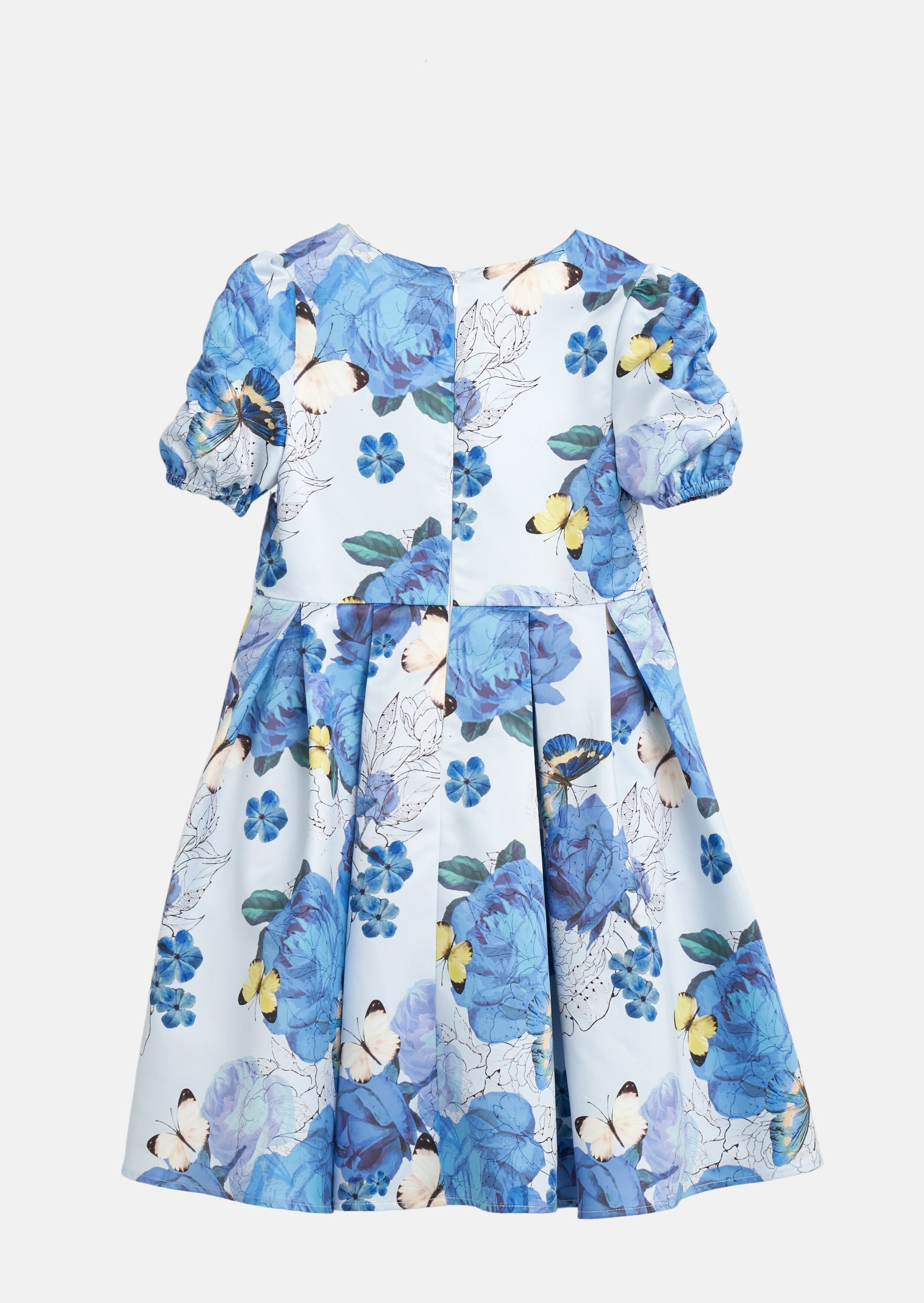 Girls Floral Printed Blue Dress with Puff Sleeves