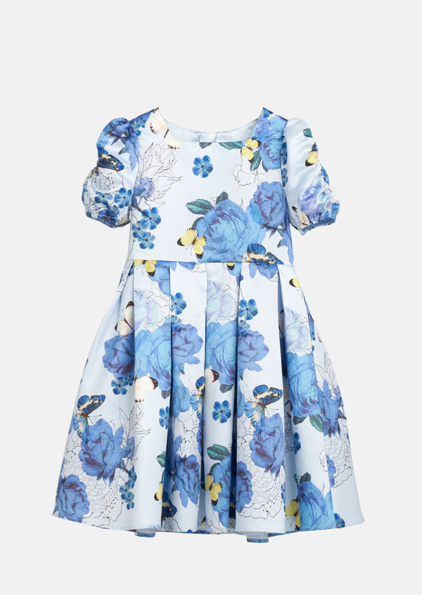 Girls Floral Printed Blue Dress with Puff Sleeves