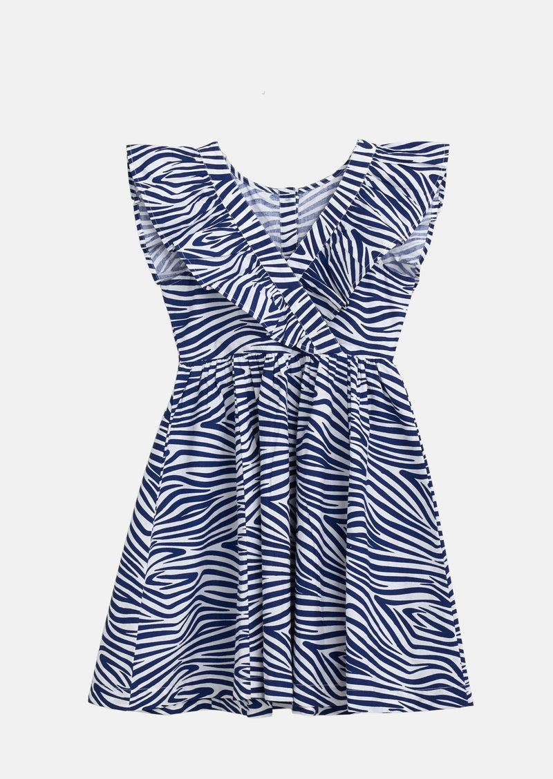 Girls Zebra Printed Blue Dress with Butterfly Sleeves