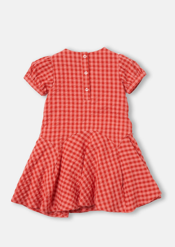 Girls Checked Cotton Pink Skater Dress with Puff Sleeves