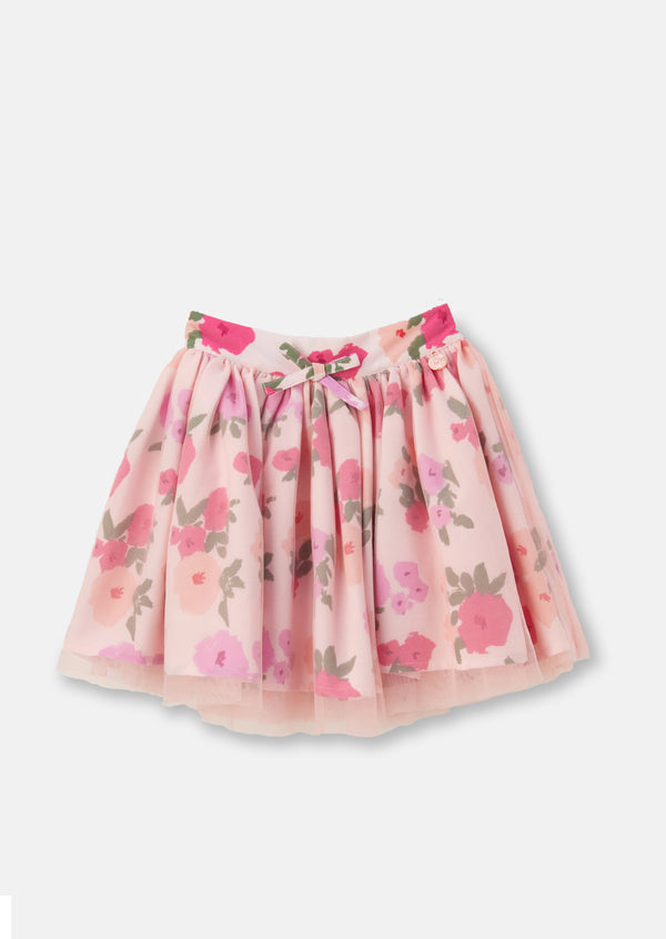 Girls Pink Floral Print Layered Skirt