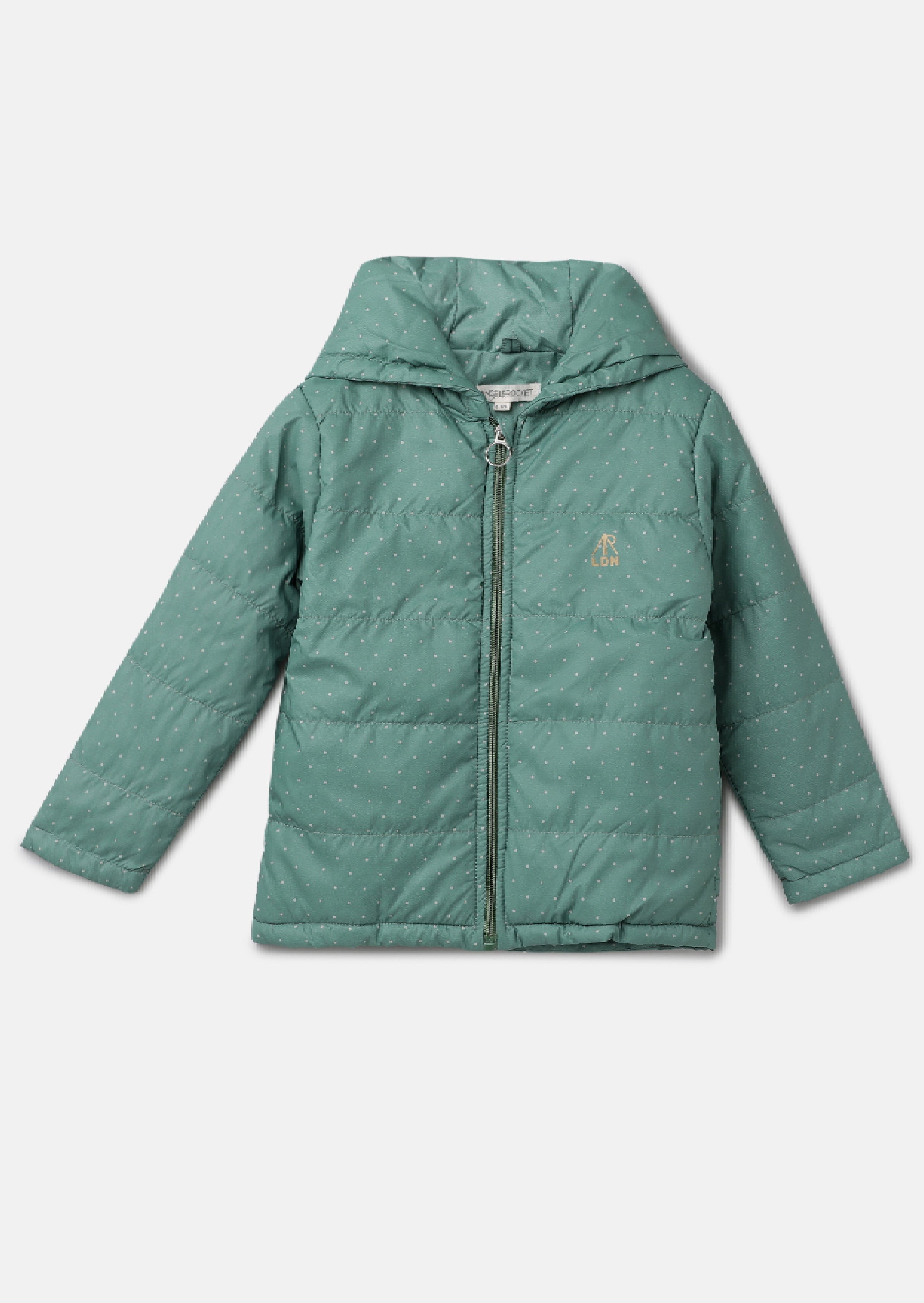 Girls Green Dot Printed Puffa Jacket with Hood