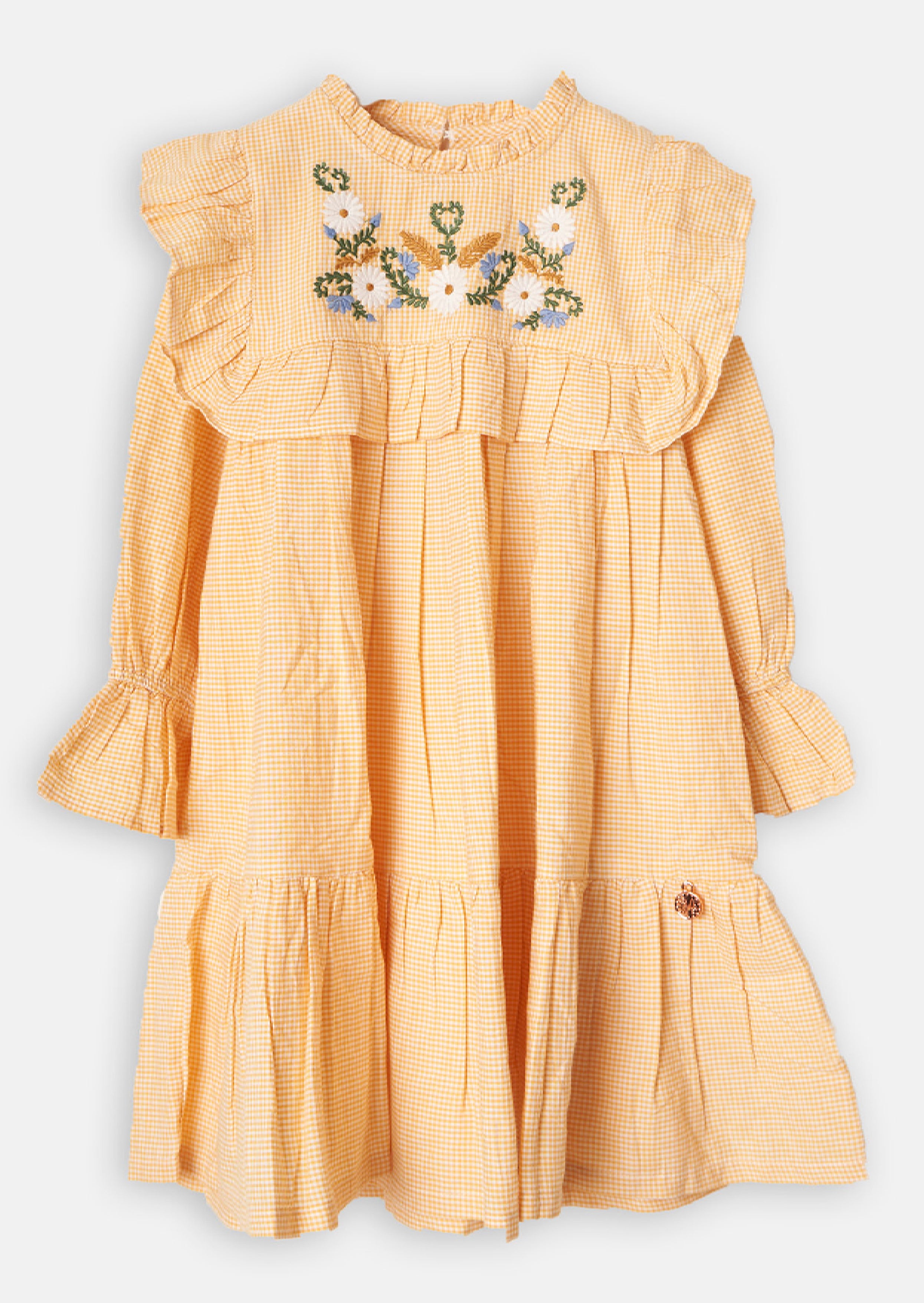 Girls Cotton Yellow Floral Embroidered Dress