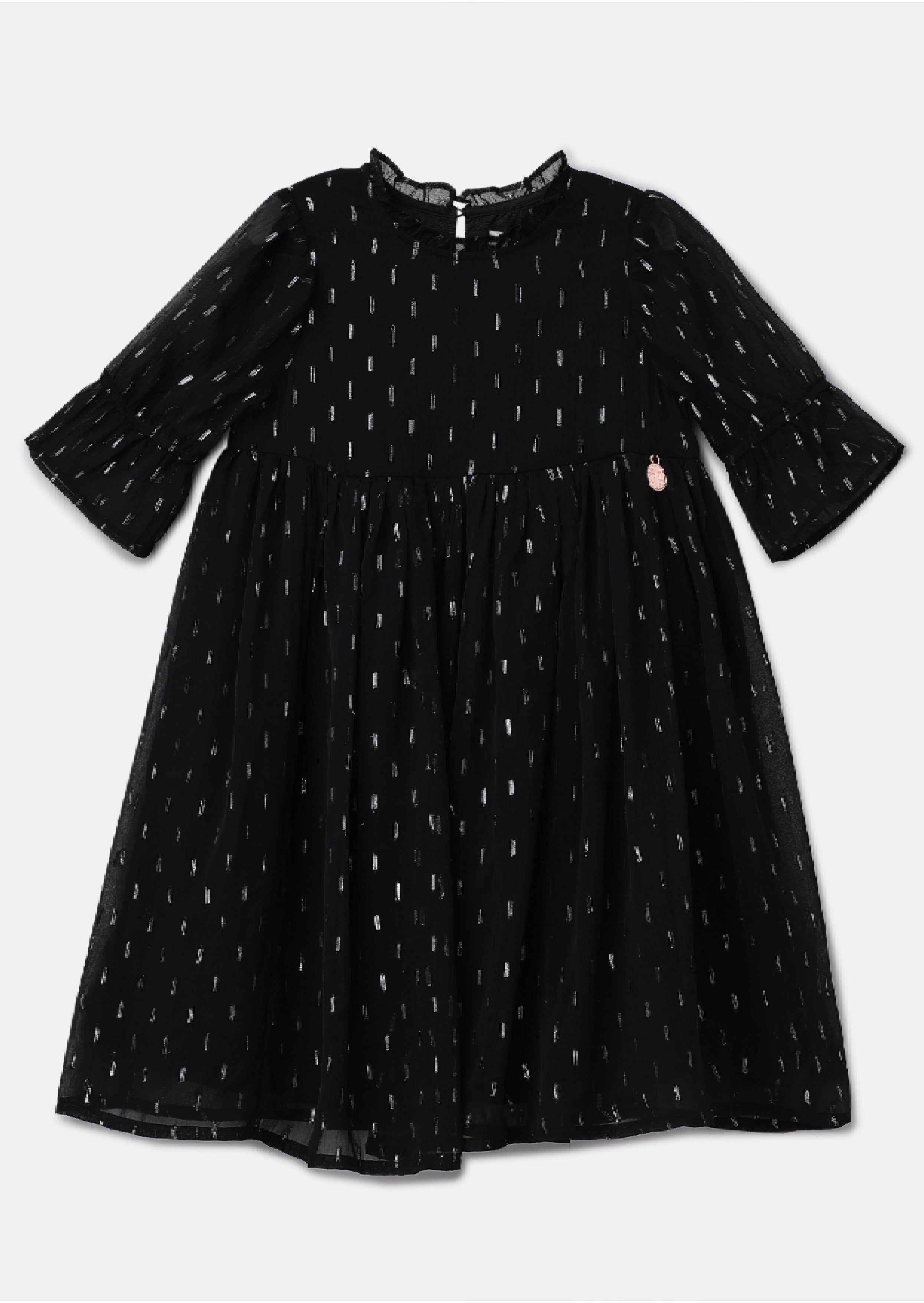 Girls Solid Black Printed Swing Dress