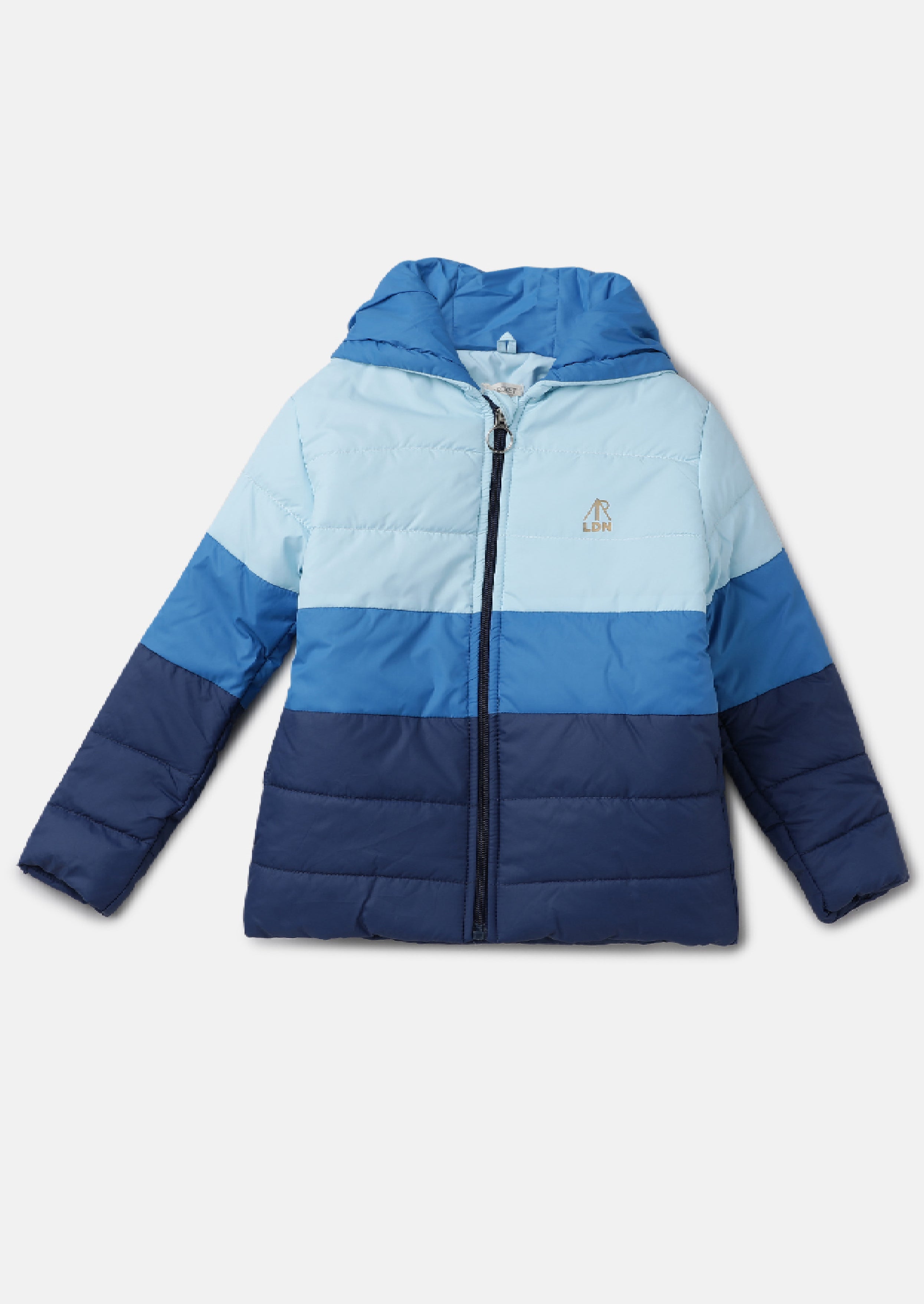 Girls Colour Blocked Puffa Jacket Blue with Hood