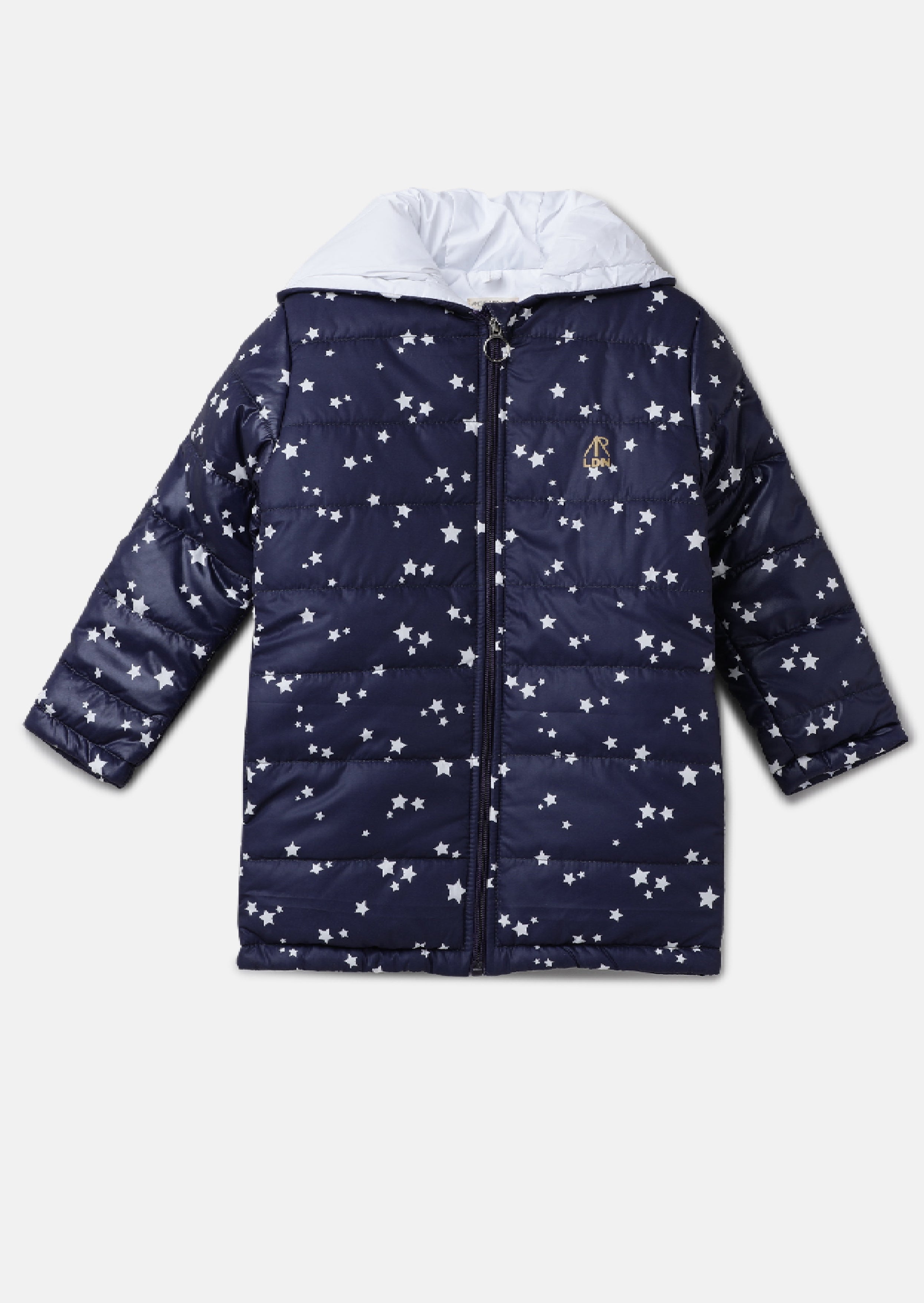 Girls Star Printed Navy Puffa Jacket with Hood