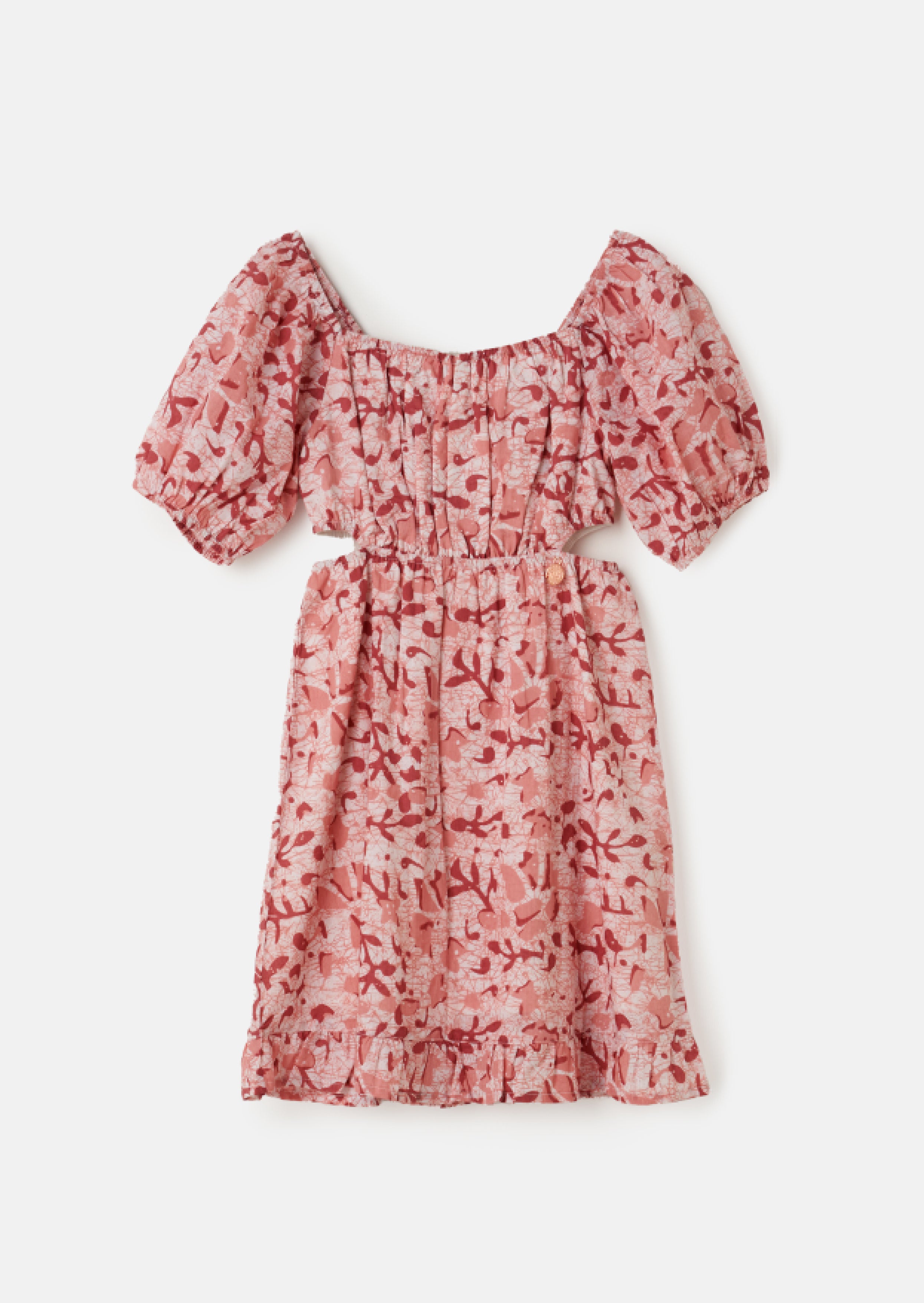 Girls Floral Printed Pink Premium Dress with Puff Sleeves