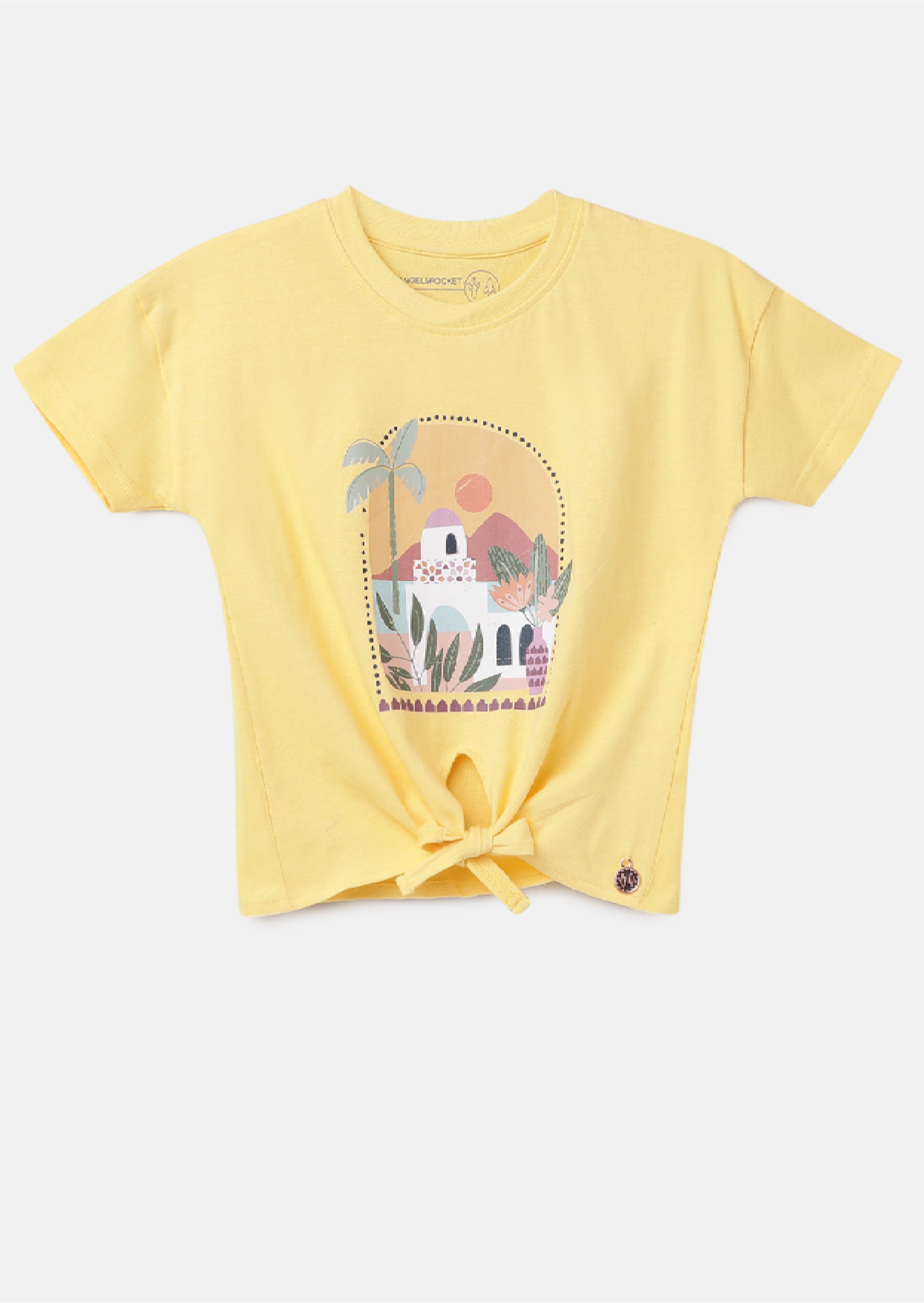 Girls Printed Smart Tie Front Yellow T-Shirt