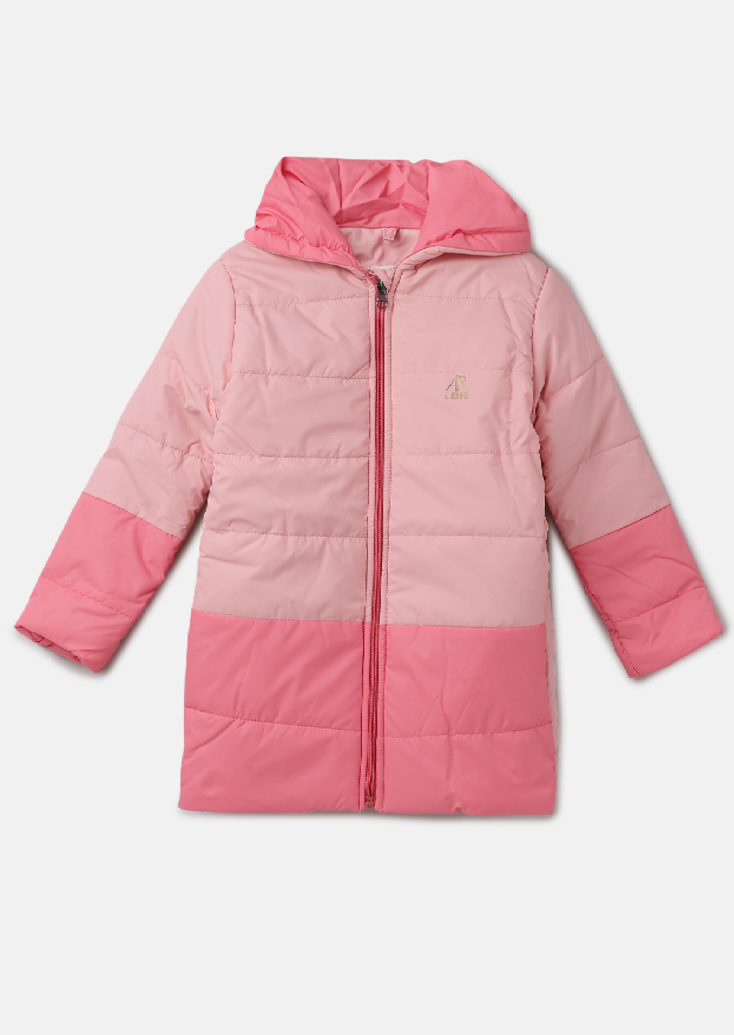 Girls Pink Colour Blocked Puffa Jacket with Hood