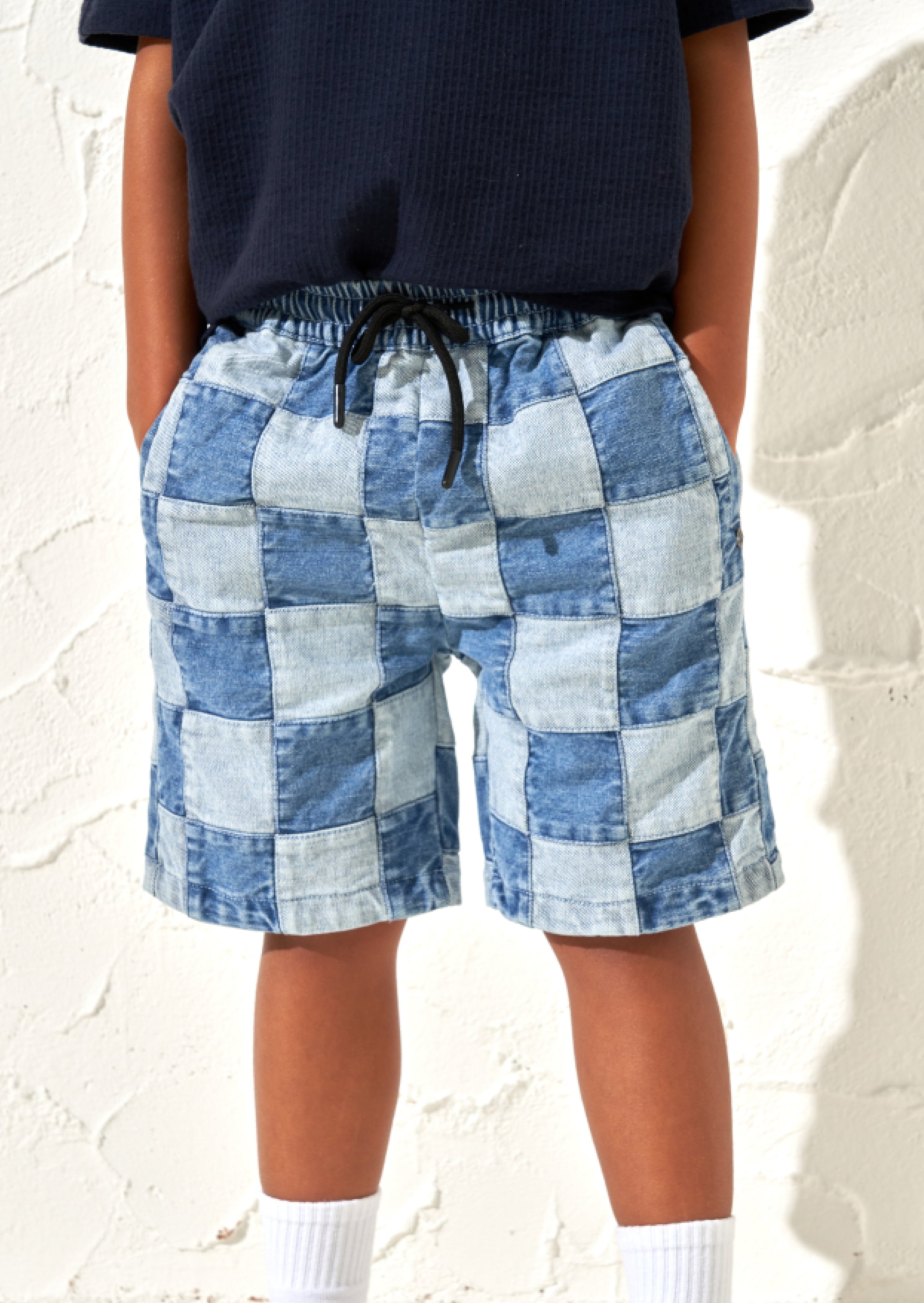 Neil Patchwork Washed Denim Shorts