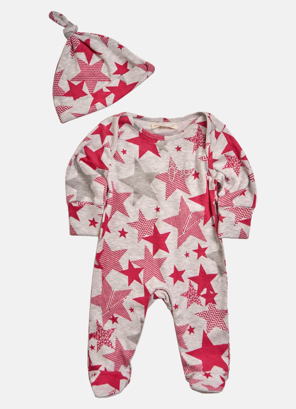 Baby Girl Star Printed All in One Sleepsuit with Hat