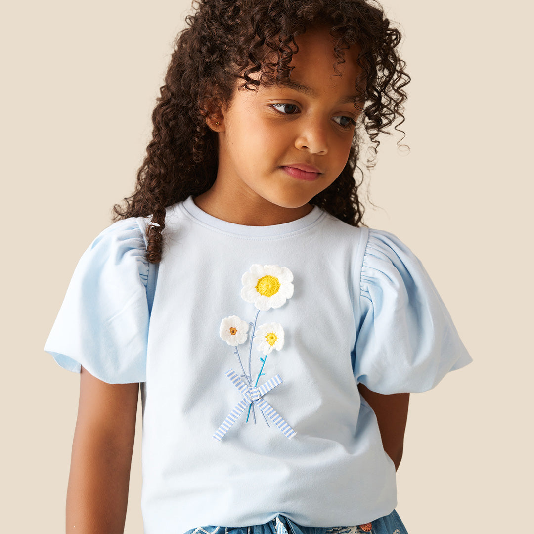 Daisy Flower Embroidered Puff Sleeve T Shirt - Angel & Rocket