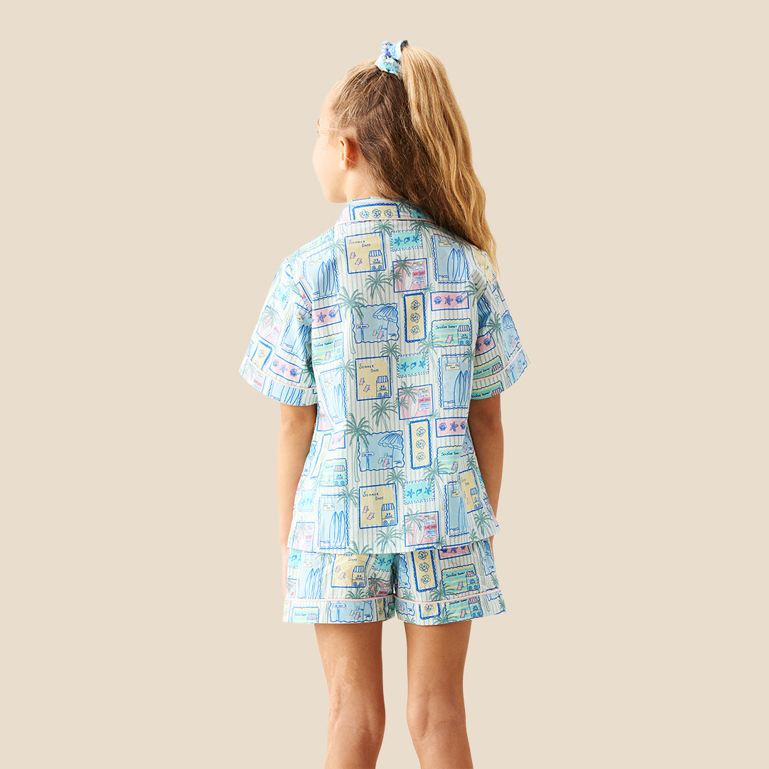 Petra Multi Postcard Print Shirt & Short PJs - Angel & Rocket