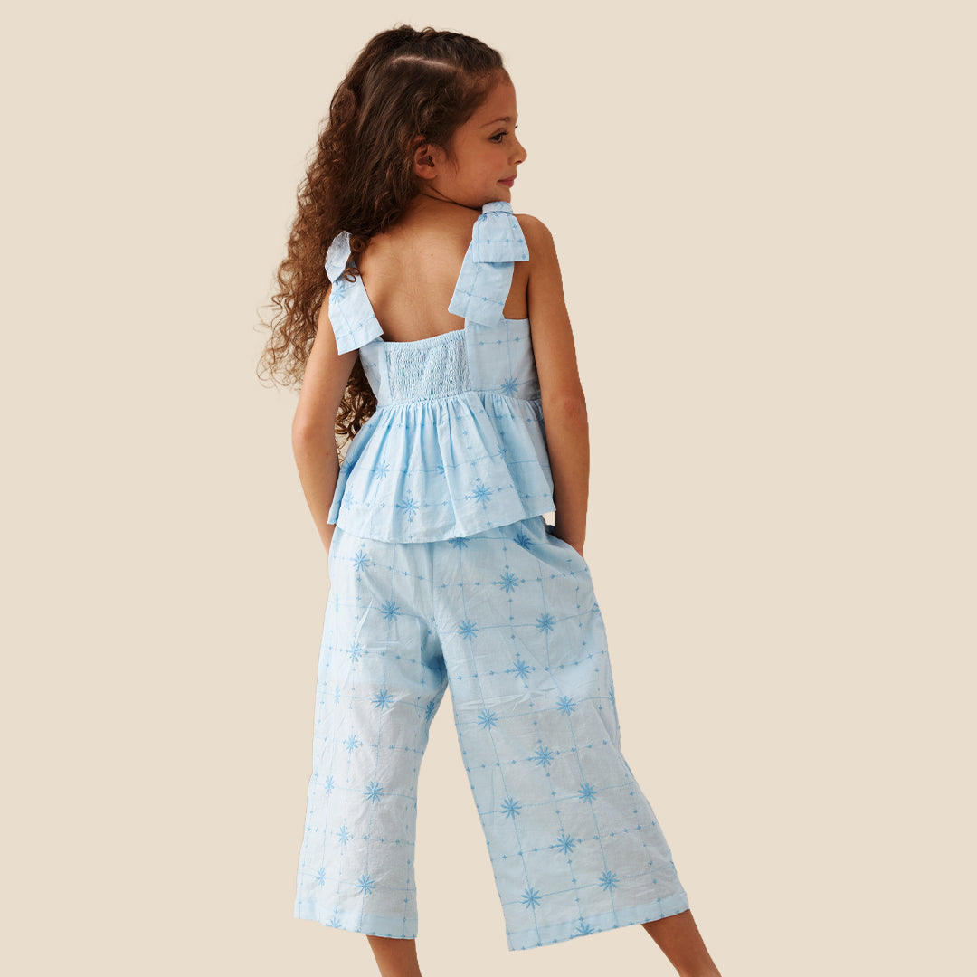Nellie Tie Waist Embroidered Wide Leg Trousers